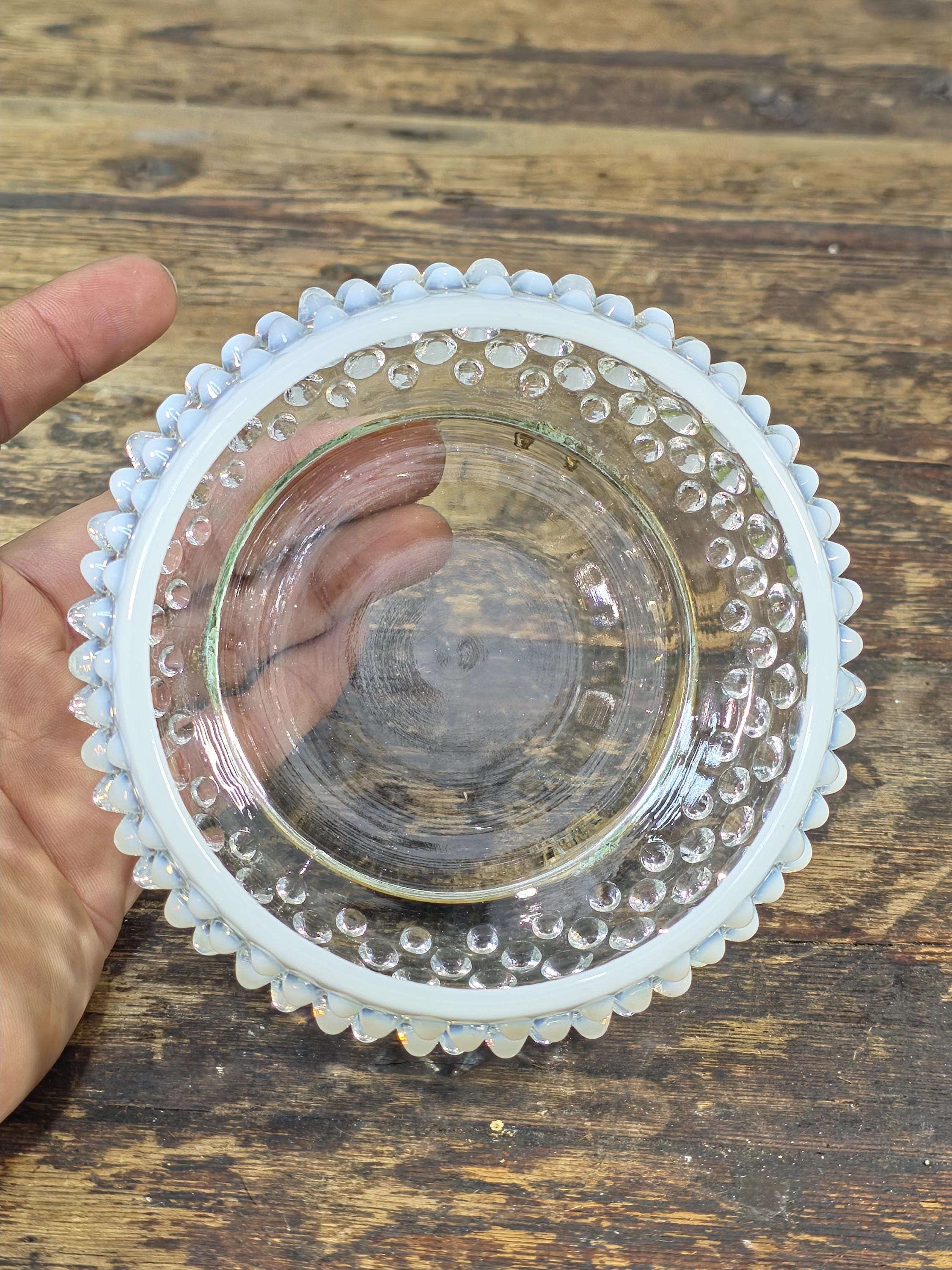 Vintage Opalescent Hobnail Glass Bowl with Fixed Ornate Brass Stand