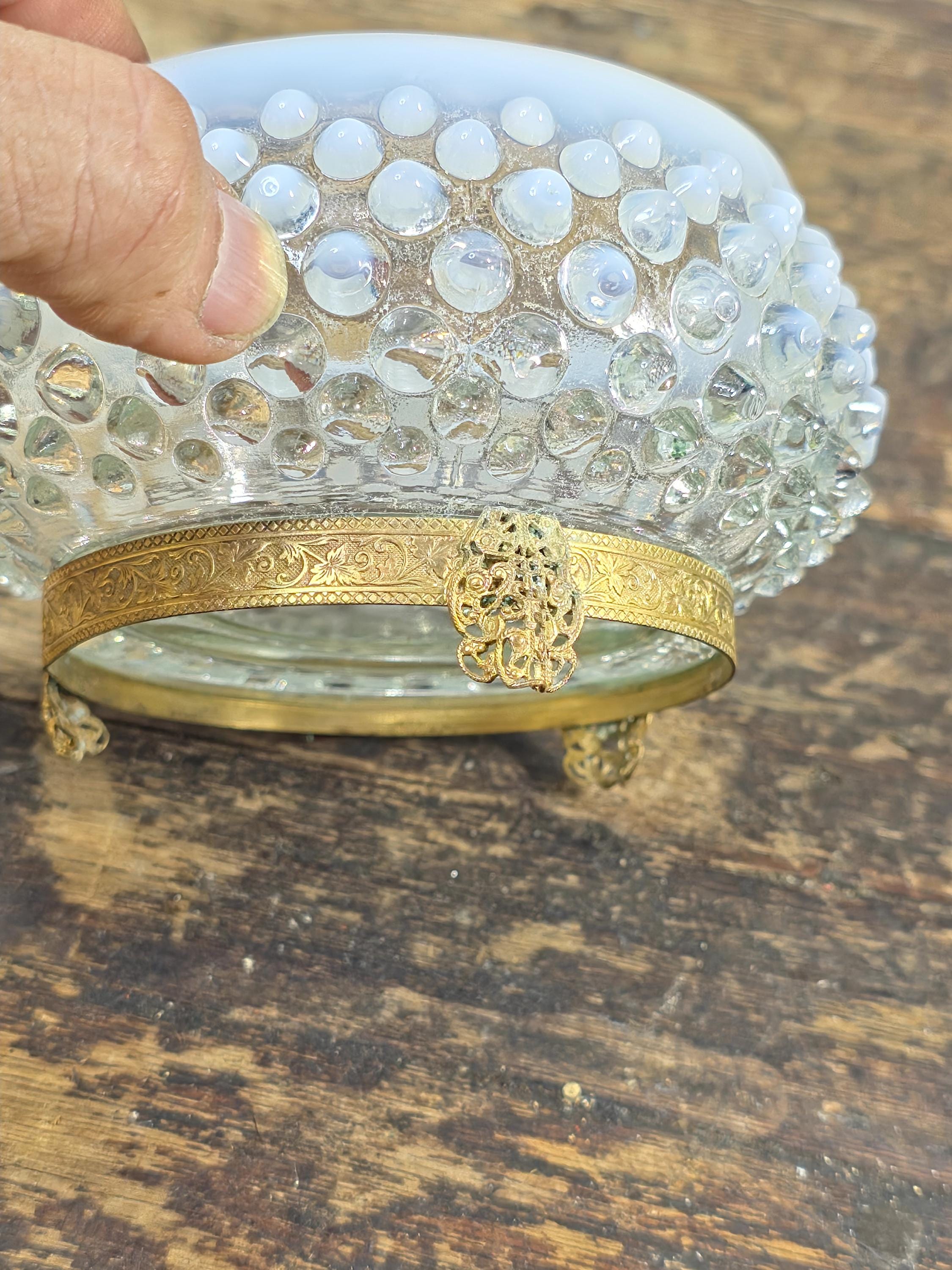 Vintage Opalescent Hobnail Glass Bowl with Fixed Ornate Brass Stand
