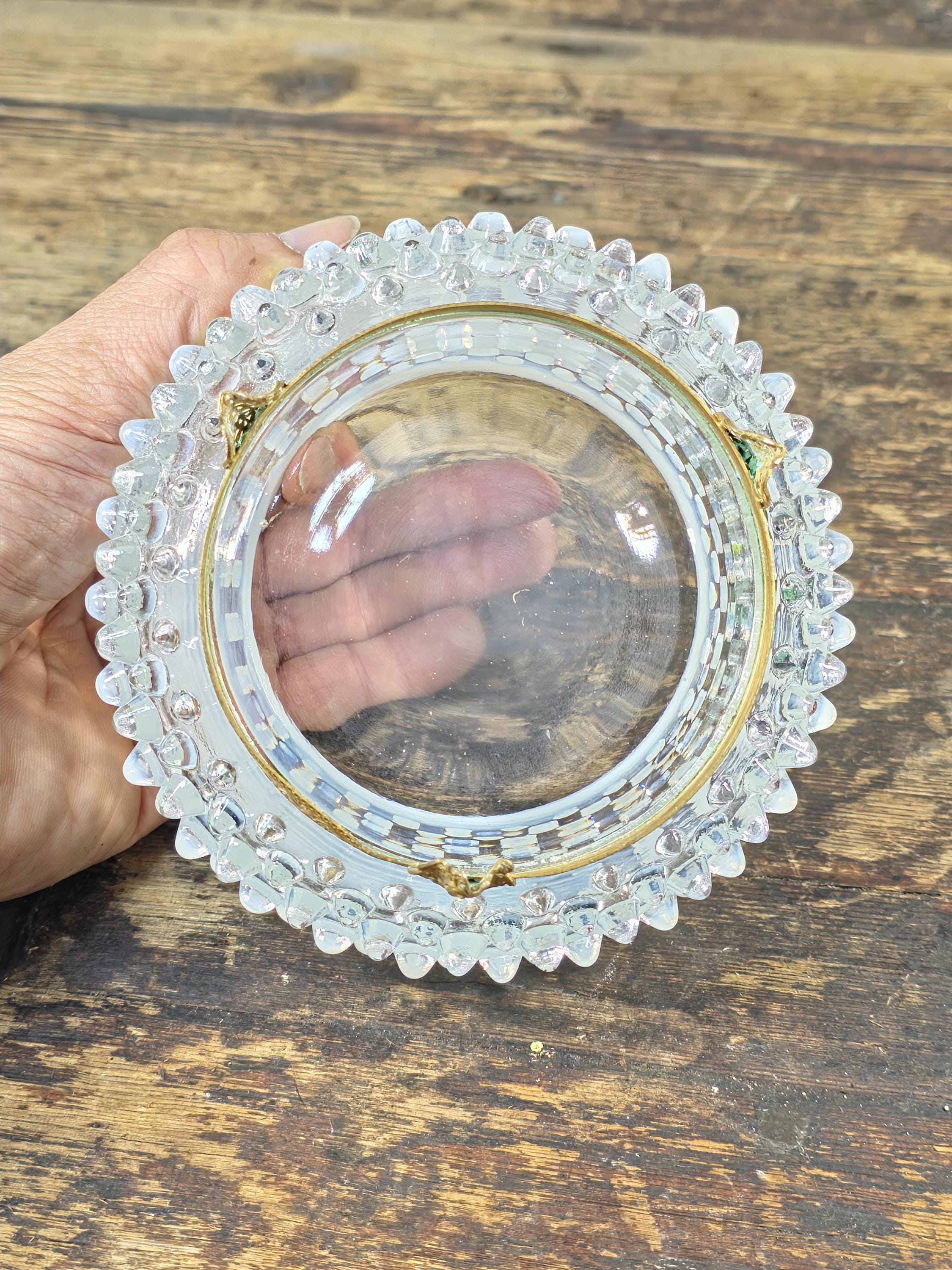 Vintage Opalescent Hobnail Glass Bowl with Fixed Ornate Brass Stand