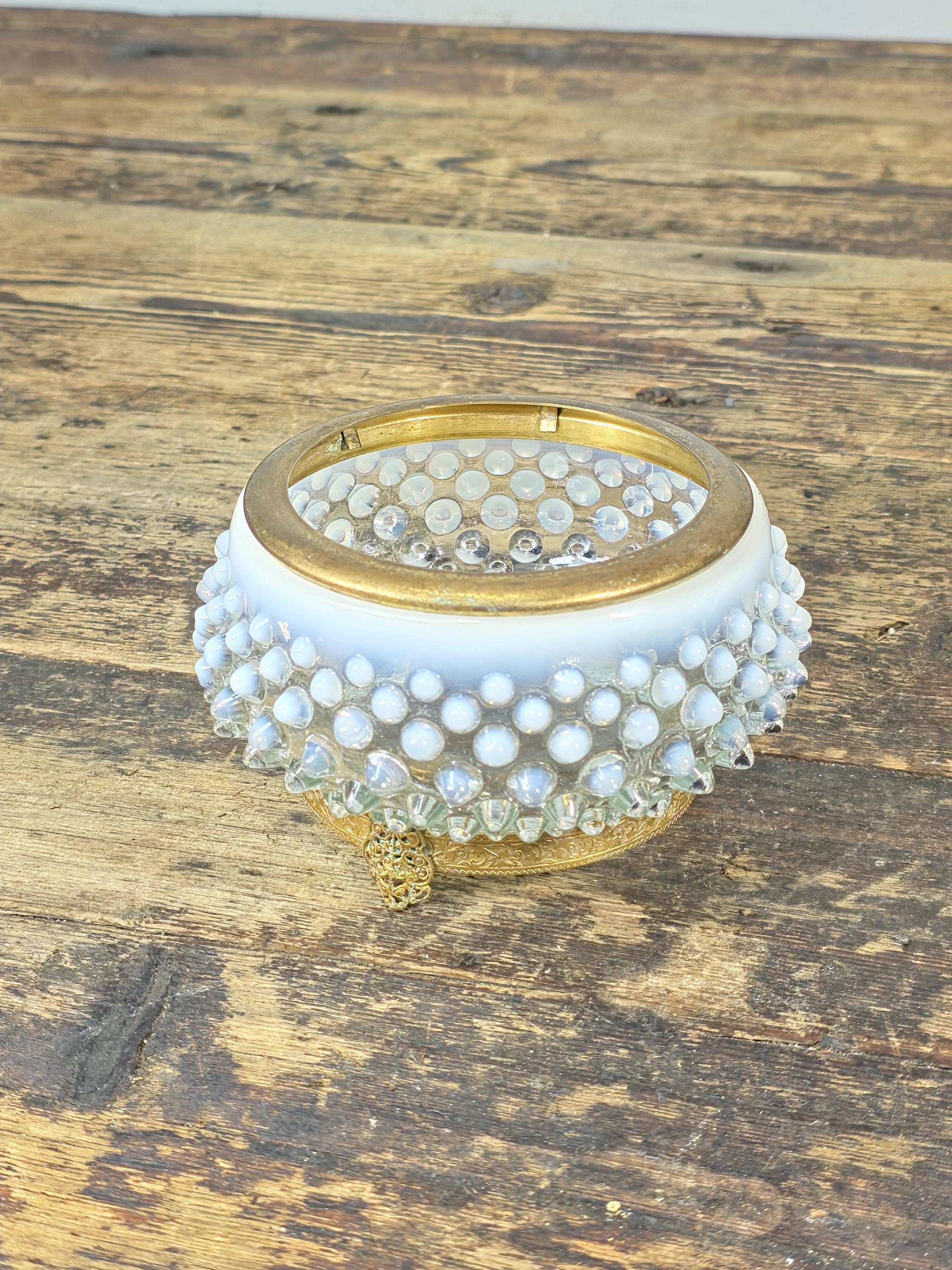 Vintage Opalescent Hobnail Glass Bowl with Fixed Ornate Brass Stand