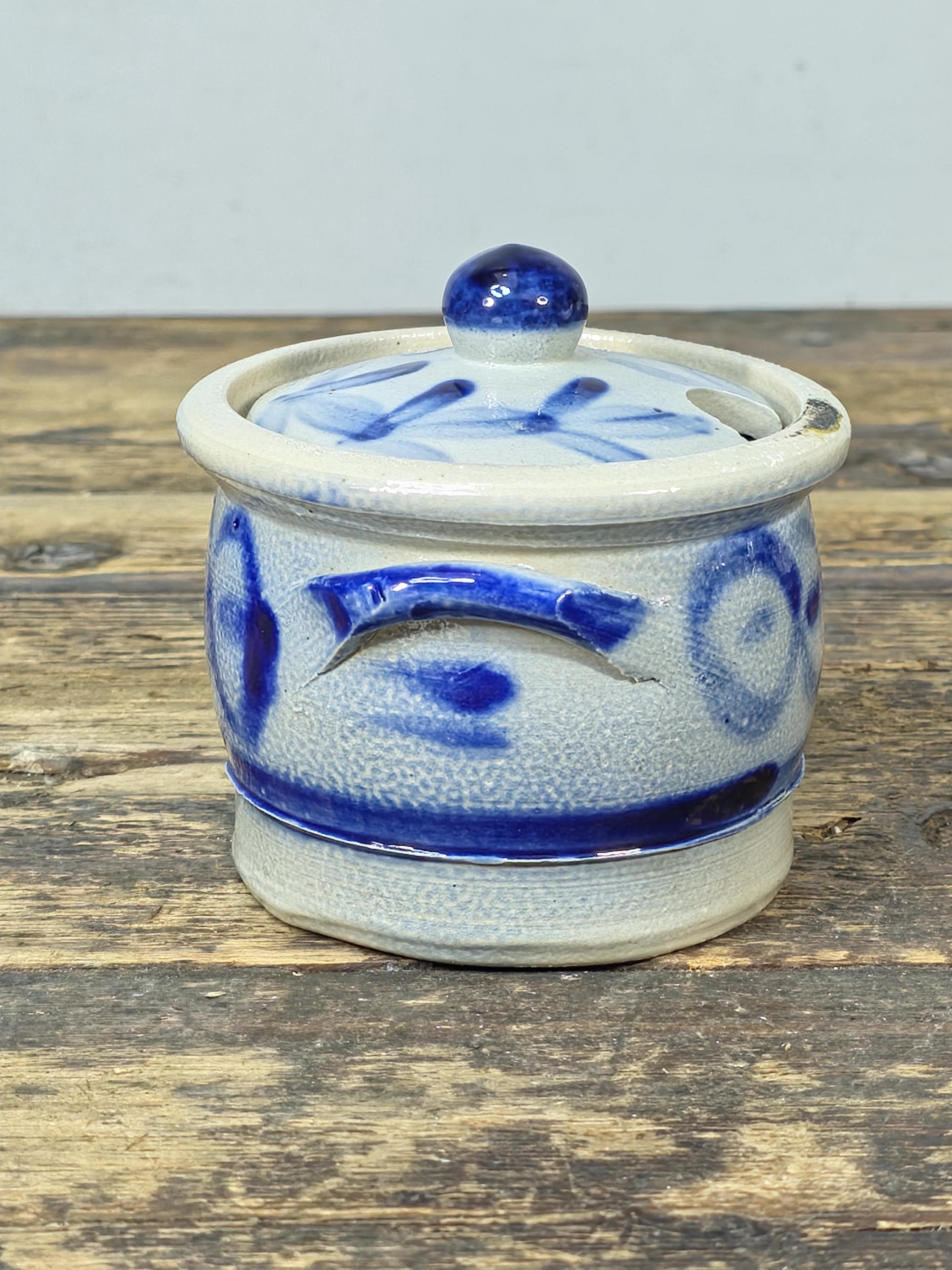 Small Blue & White Stoneware Crock with Lid – Hand Painted Folk Pottery 4" Jar