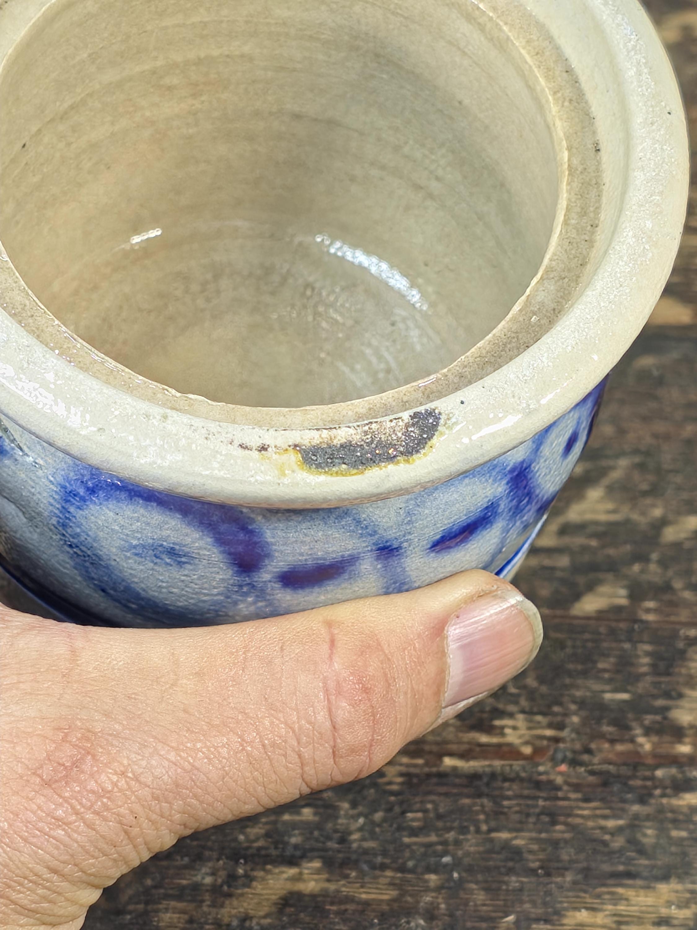 Small Blue & White Stoneware Crock with Lid – Hand Painted Folk Pottery 4" Jar