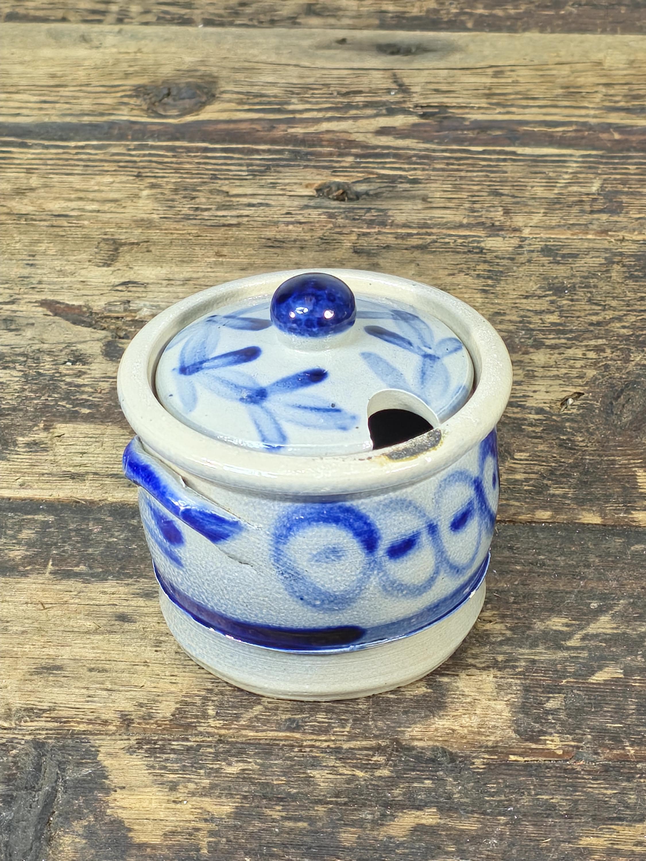 Small Blue & White Stoneware Crock with Lid – Hand Painted Folk Pottery 4" Jar