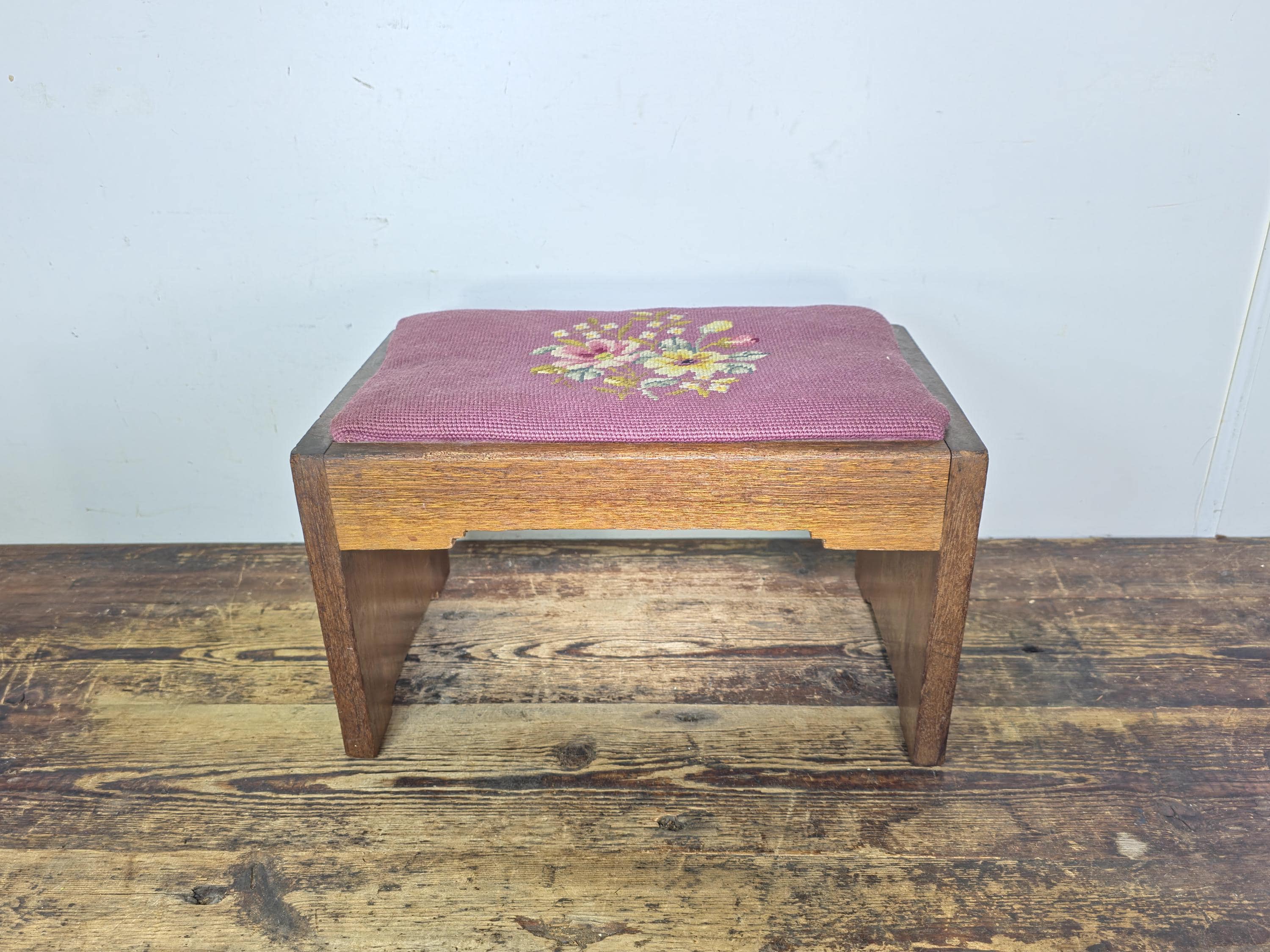 Vintage Mid-Century Wooden Stool / Footstool with Needlepoint Cushion