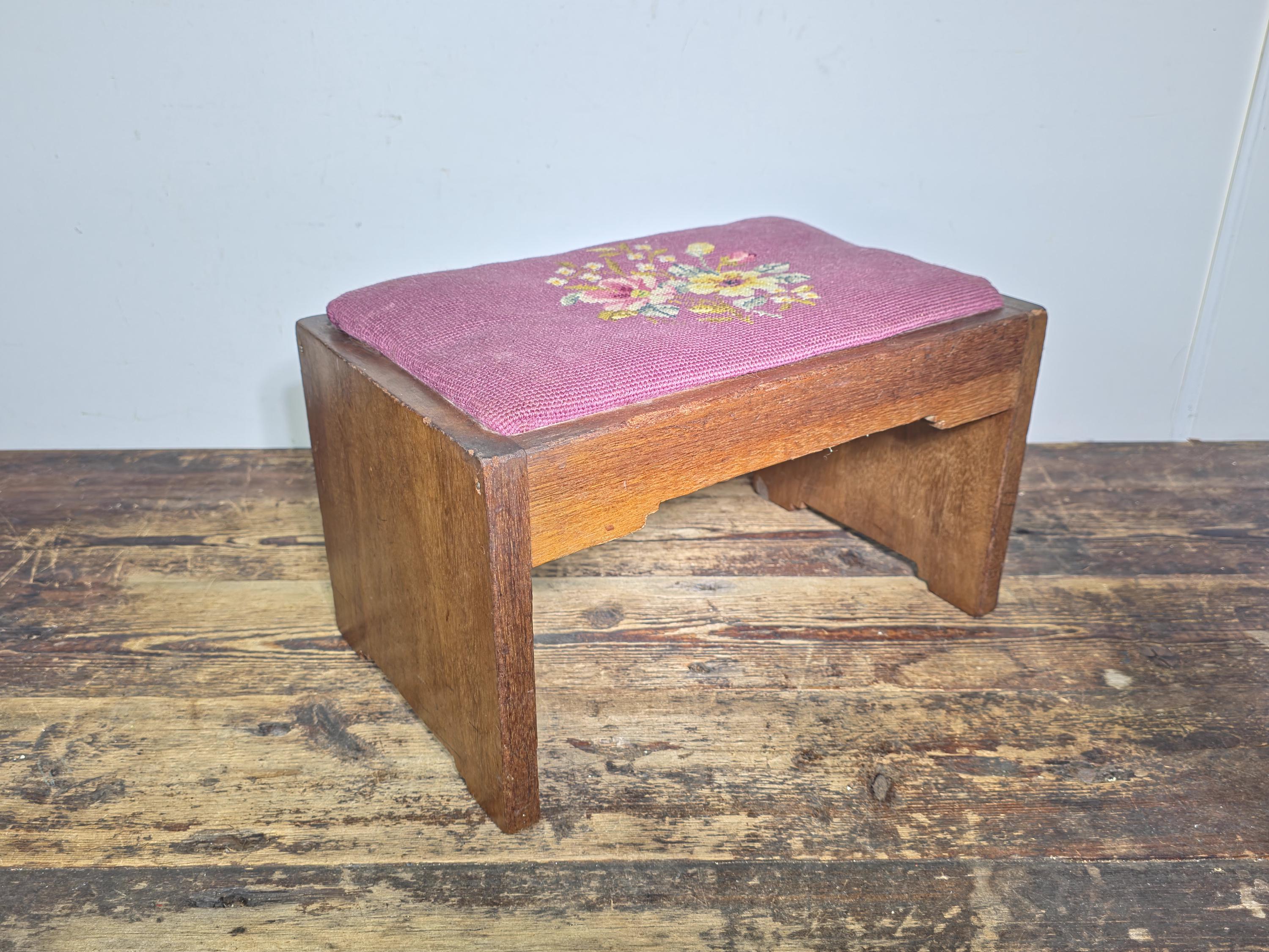 Vintage Mid-Century Wooden Stool / Footstool with Needlepoint Cushion