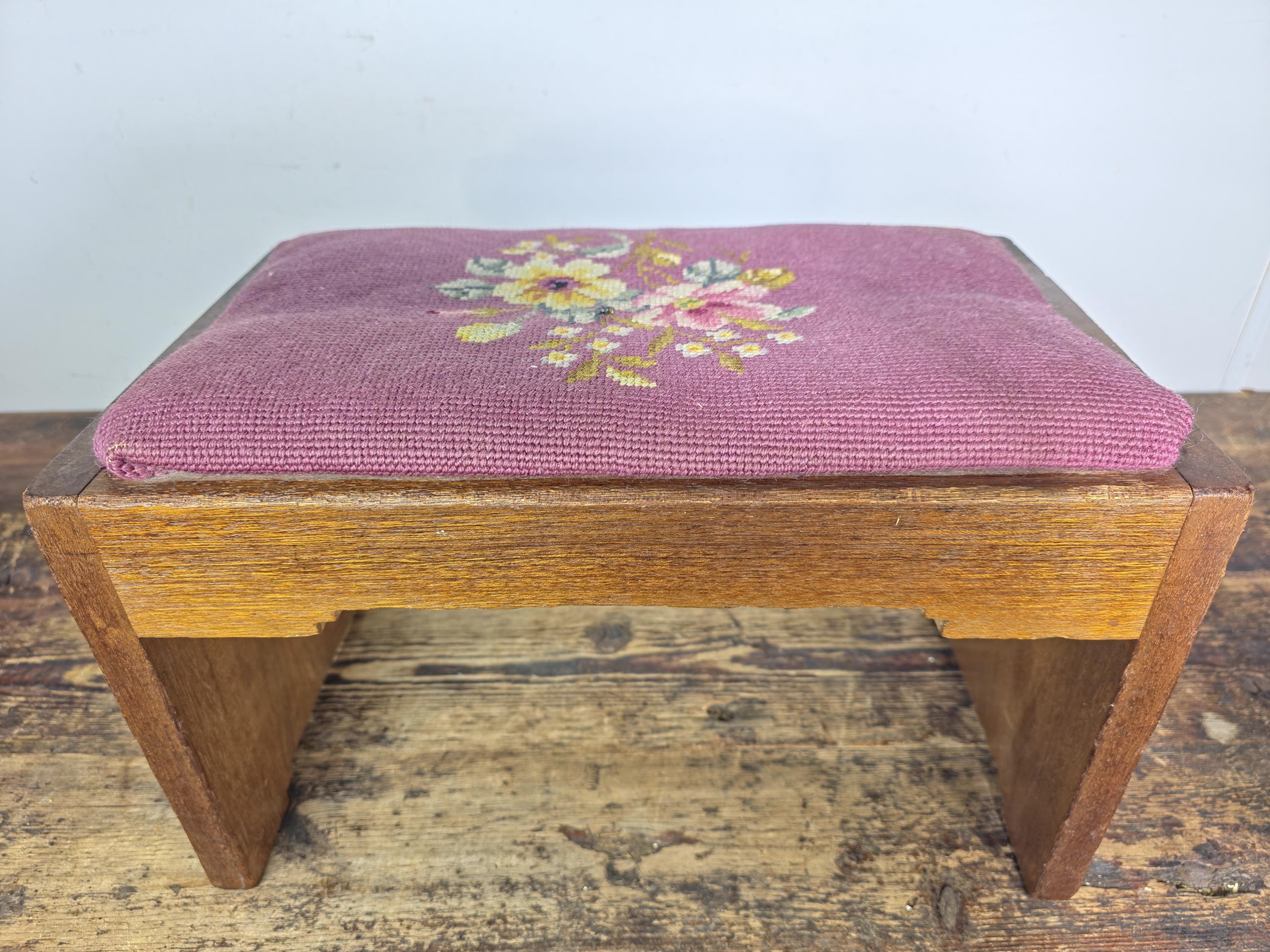 Vintage Mid-Century Wooden Stool / Footstool with Needlepoint Cushion