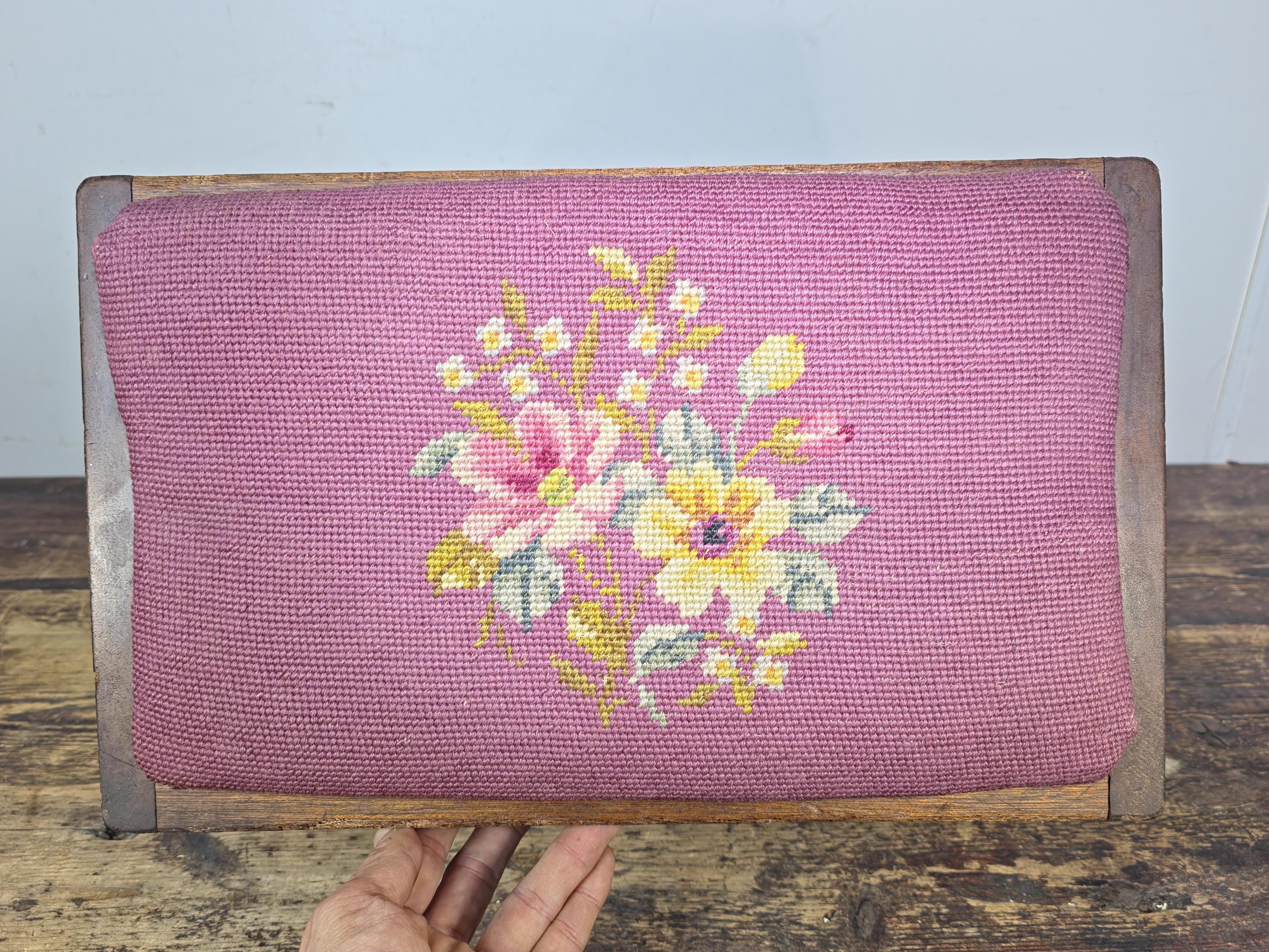 Vintage Mid-Century Wooden Stool / Footstool with Needlepoint Cushion