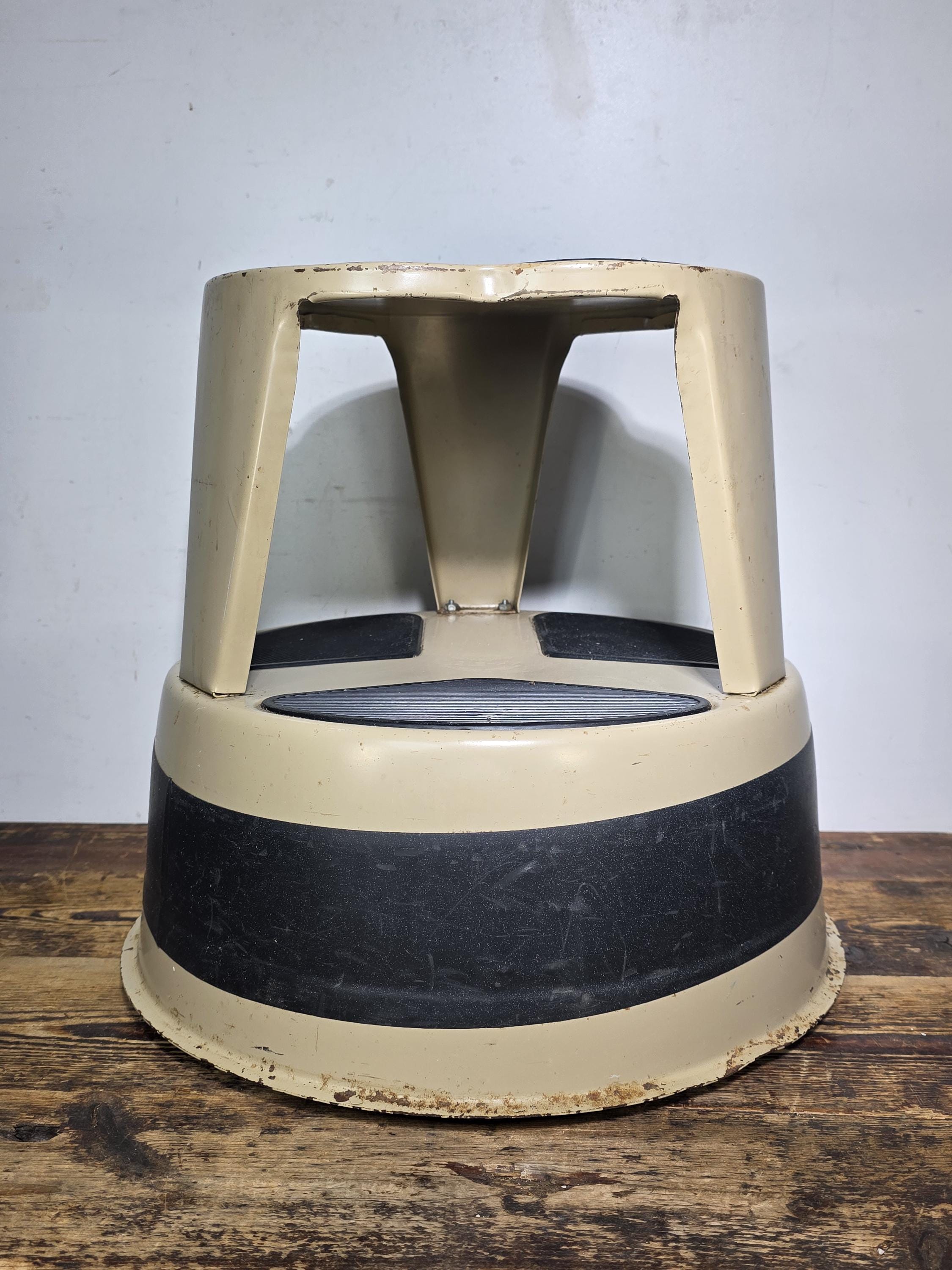 Vintage KIK-STEP Rolling Step Stool Beige Black Industrial 1980s USA