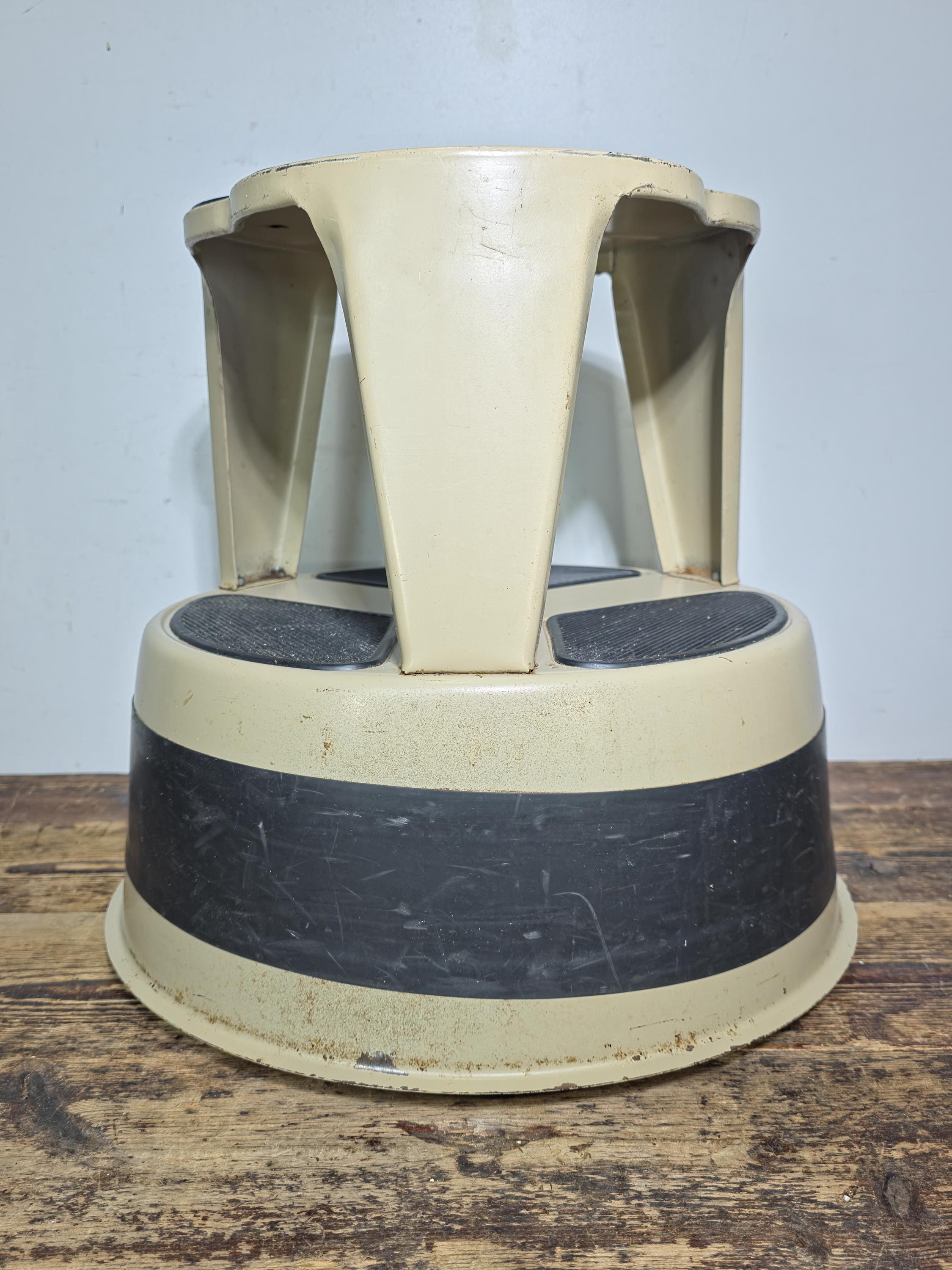 Vintage KIK-STEP Rolling Step Stool Beige Black Industrial 1980s USA