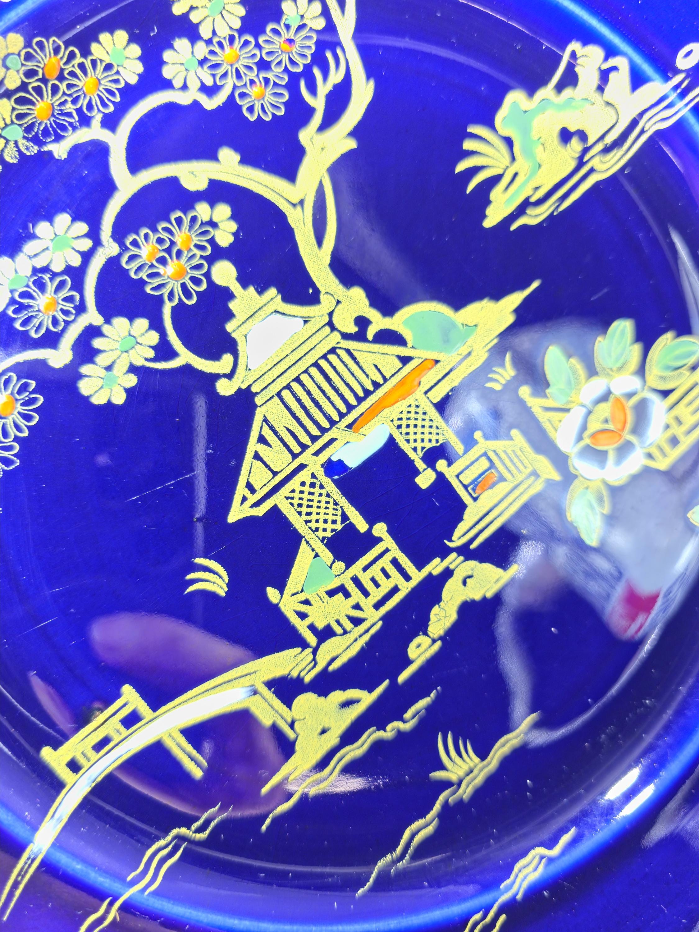 Burleigh Ware Cobalt Blue Gilt Cabinet Plates Set of 3 Crown Pottery England