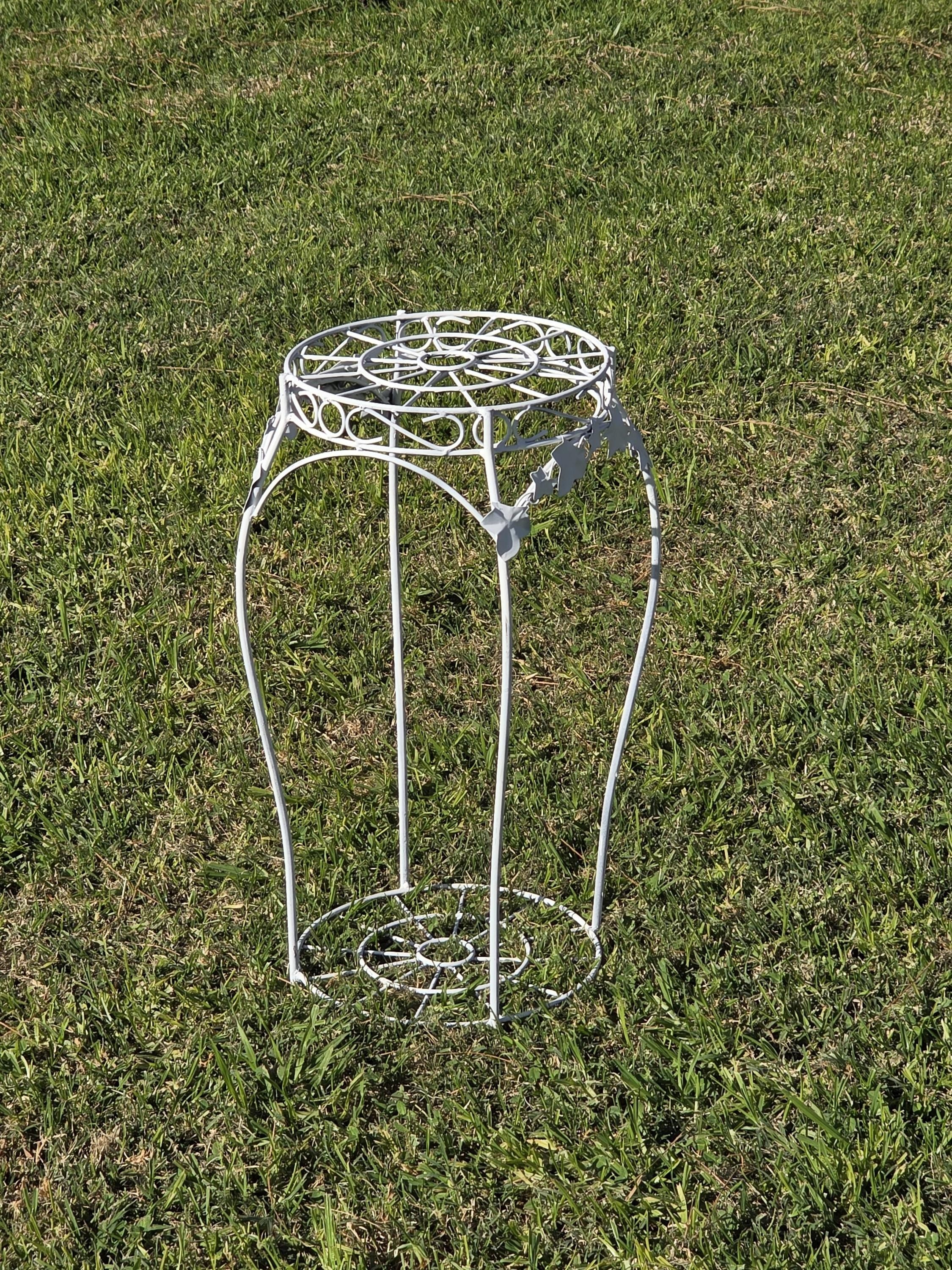 On Hold/ Vintage White Wire Metal Plant Stand with Ivy Accents – 22"H