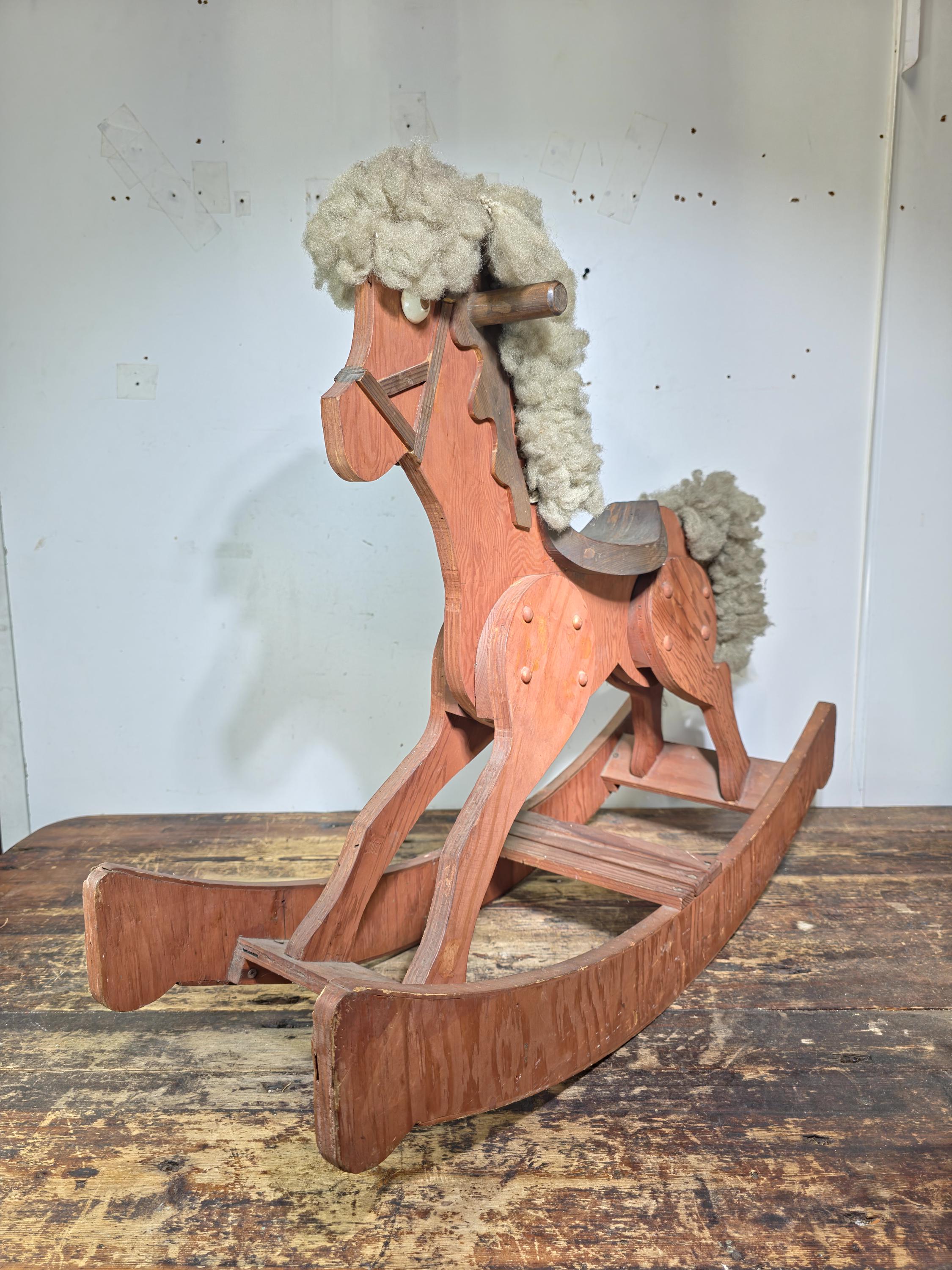 Large Wooden Rocking Horse with Wool Mane – Rustic Farmhouse Decor