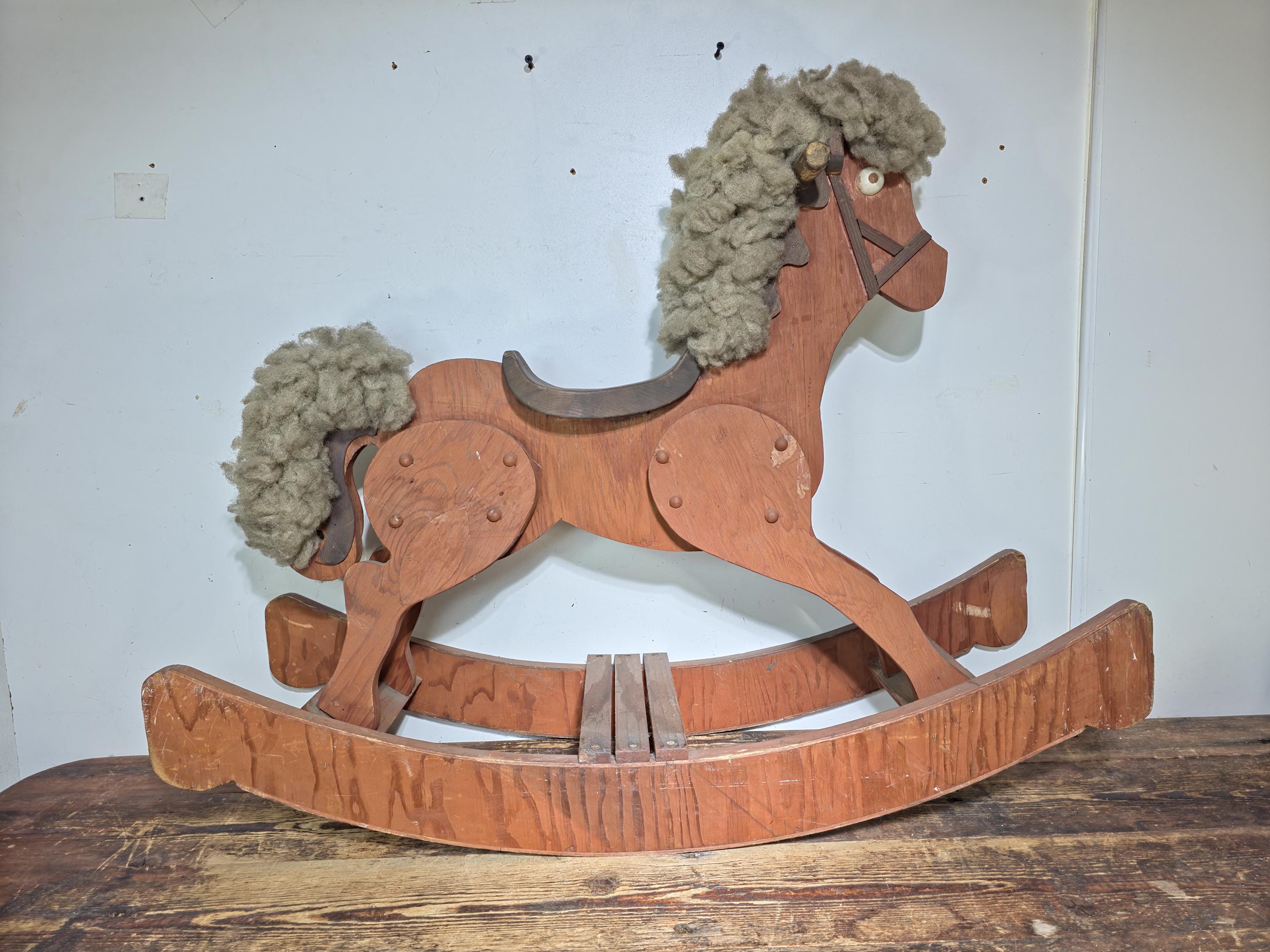 Large Wooden Rocking Horse with Wool Mane – Rustic Farmhouse Decor