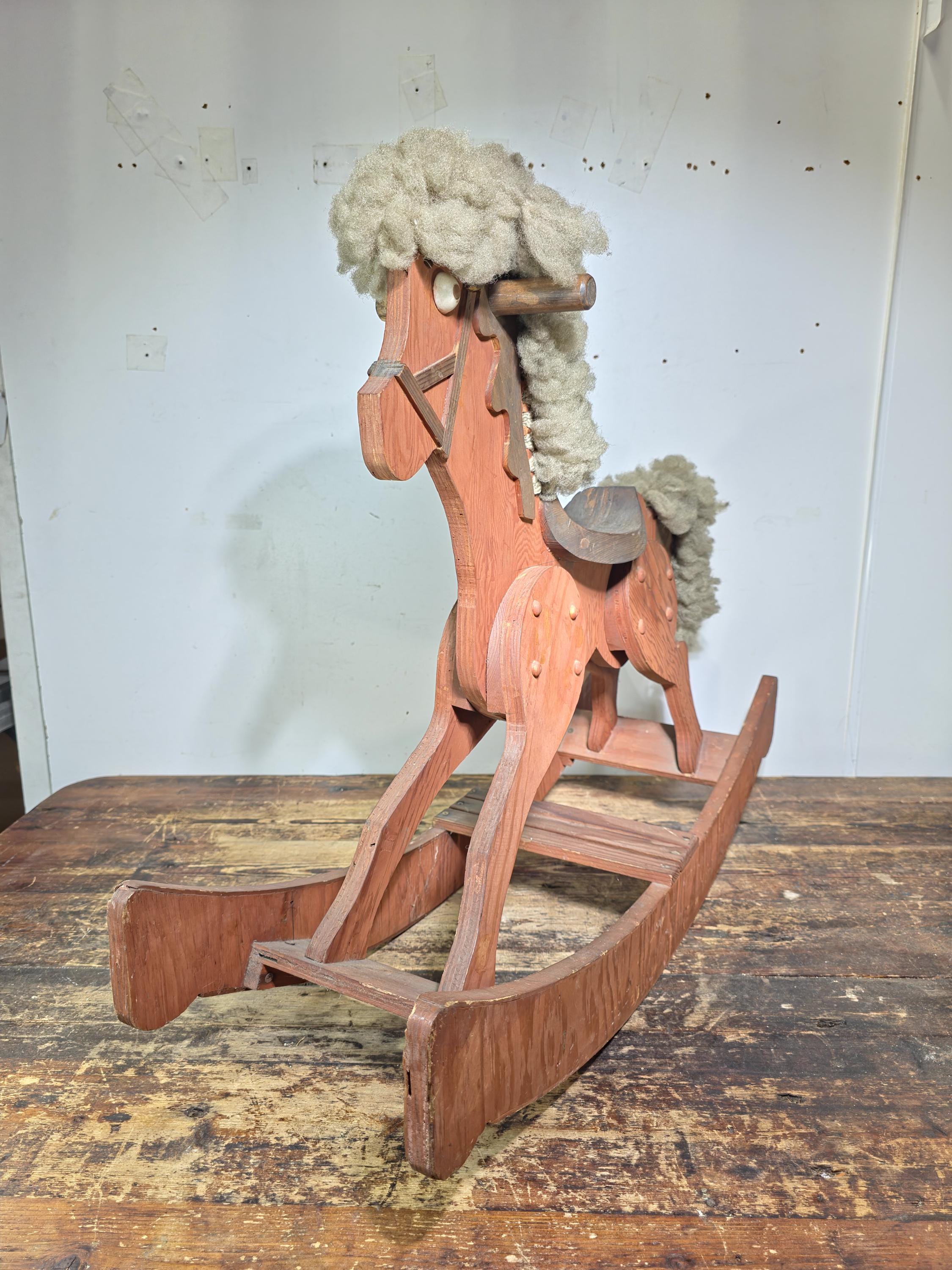 Large Wooden Rocking Horse with Wool Mane – Rustic Farmhouse Decor