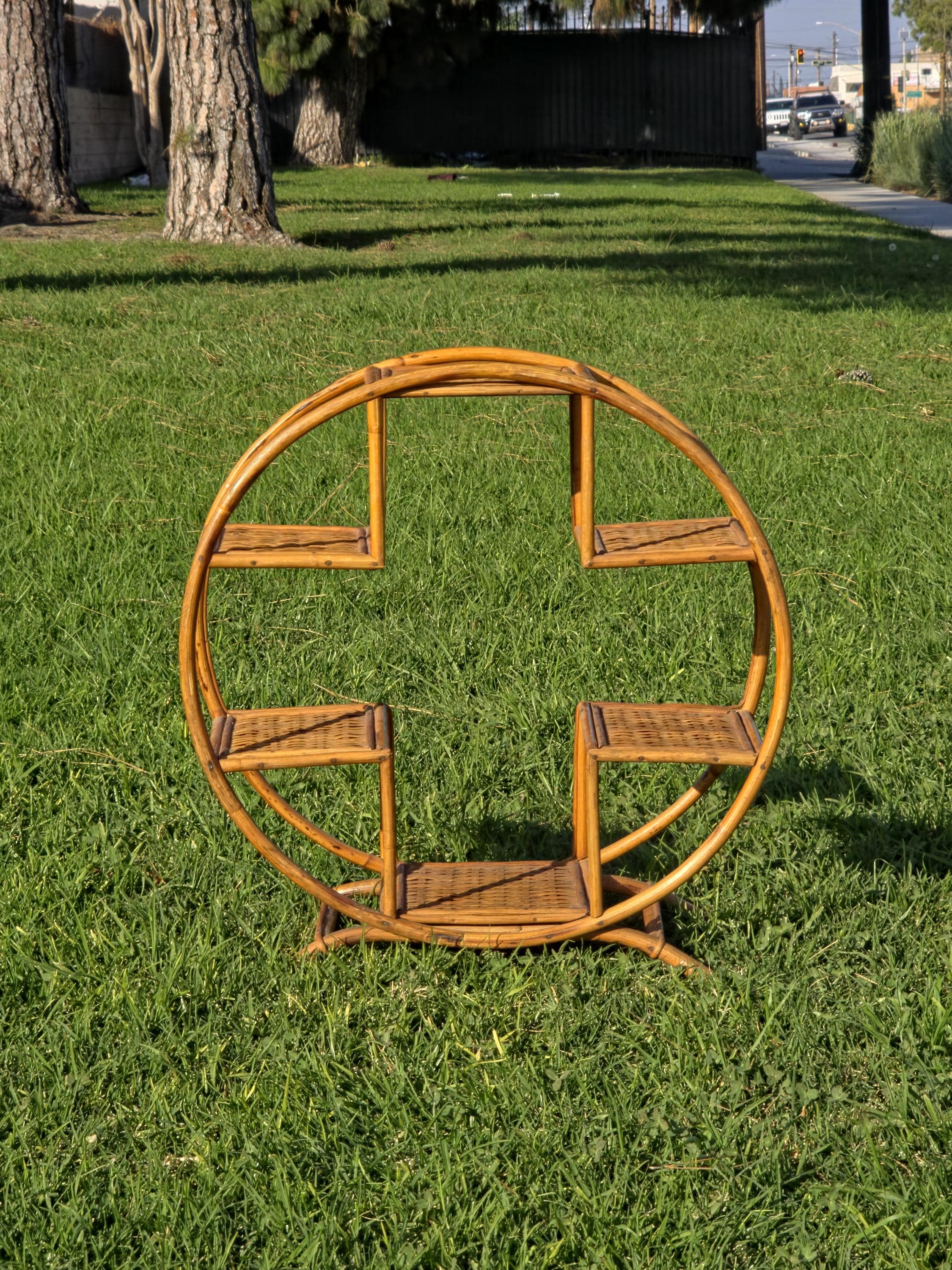 Rare 1930s-50s Boho Rattan Circle Shelf | 6-Tier Wicker Plant Stand Masterpiece