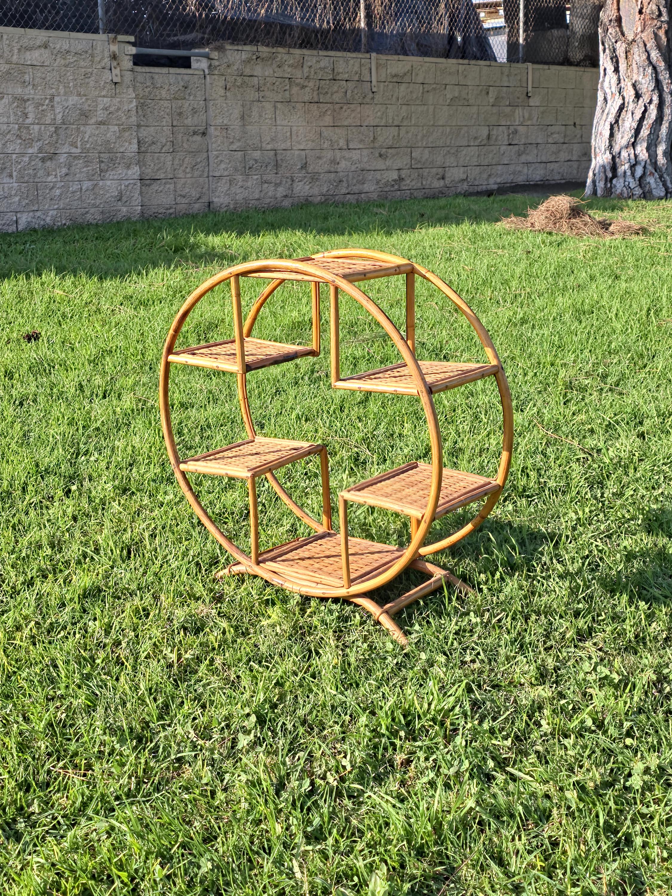 Rare 1930s-50s Boho Rattan Circle Shelf | 6-Tier Wicker Plant Stand Masterpiece