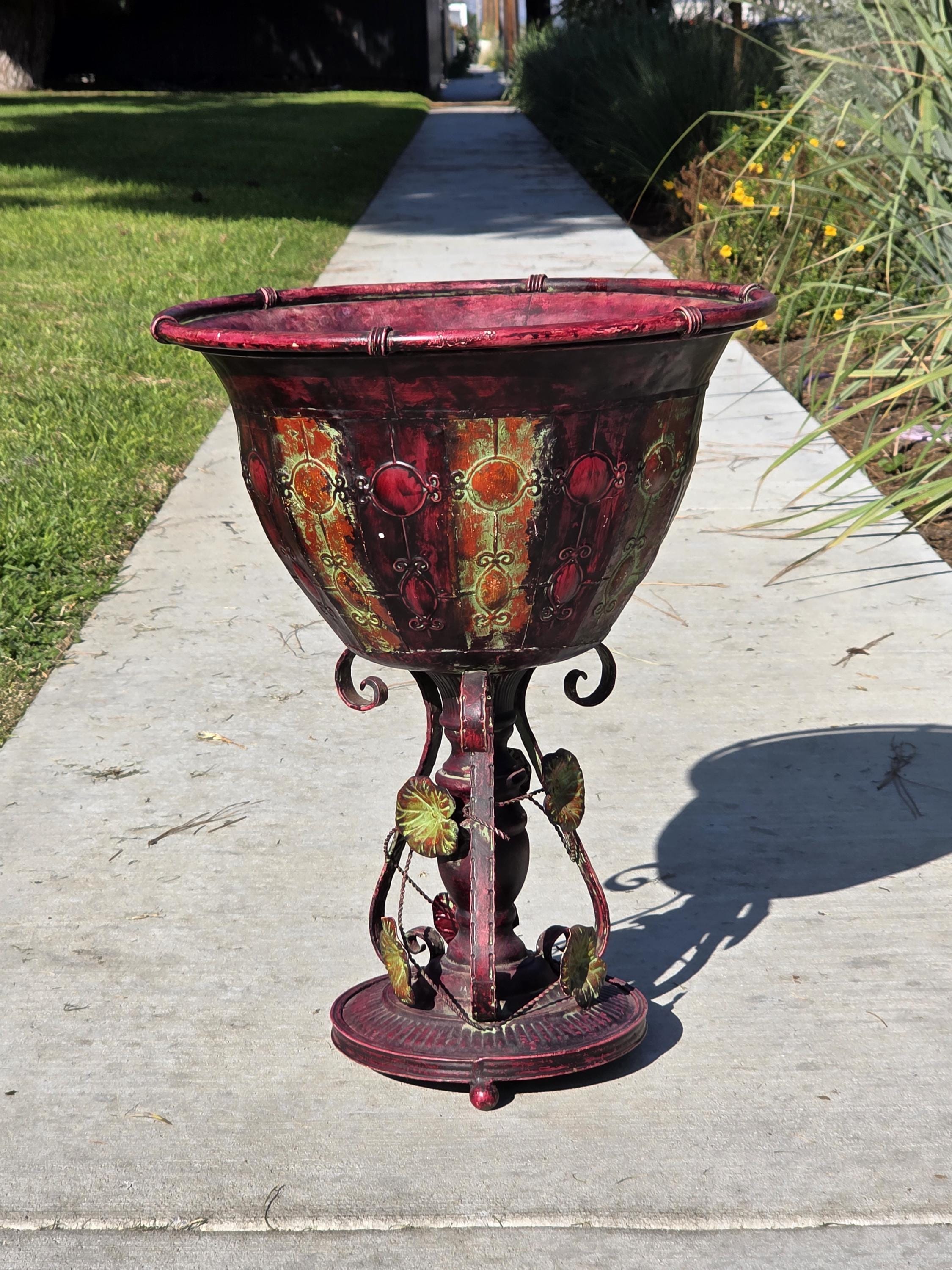 Ornate Metal Pedestal Planter Large 17.5"Dia Urn Stand w/ Red & Gold Patina