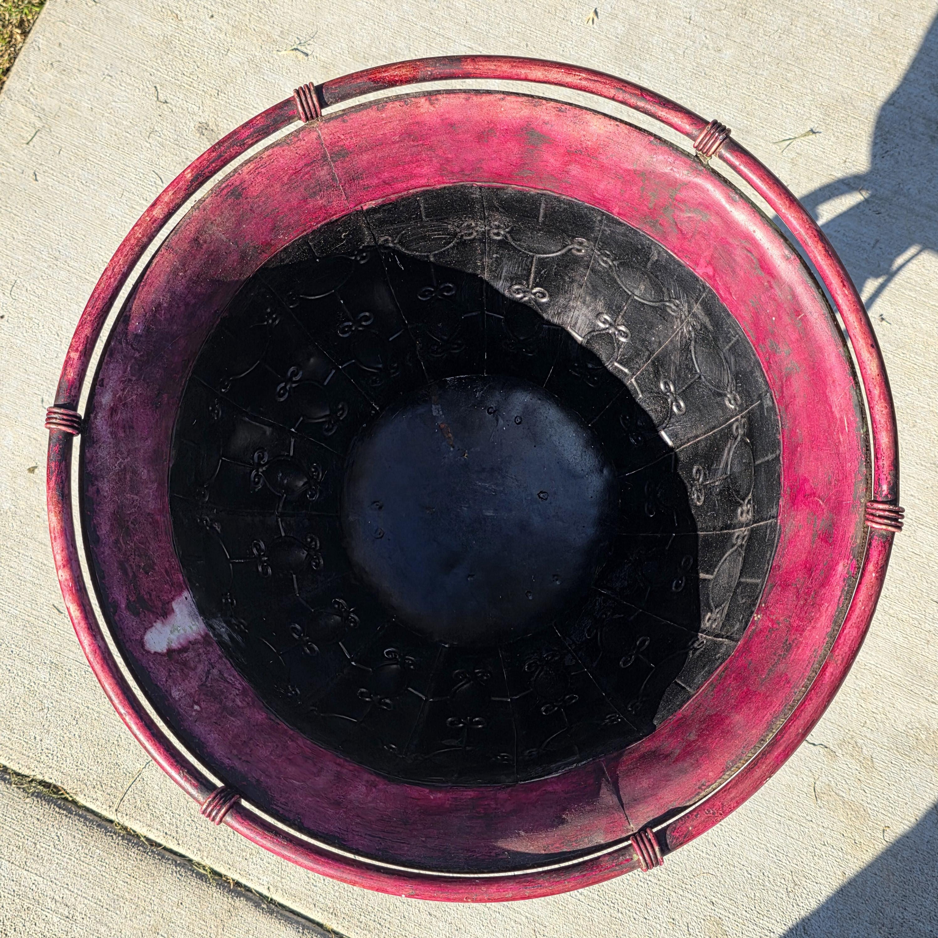 Ornate Metal Pedestal Planter Large 17.5"Dia Urn Stand w/ Red & Gold Patina