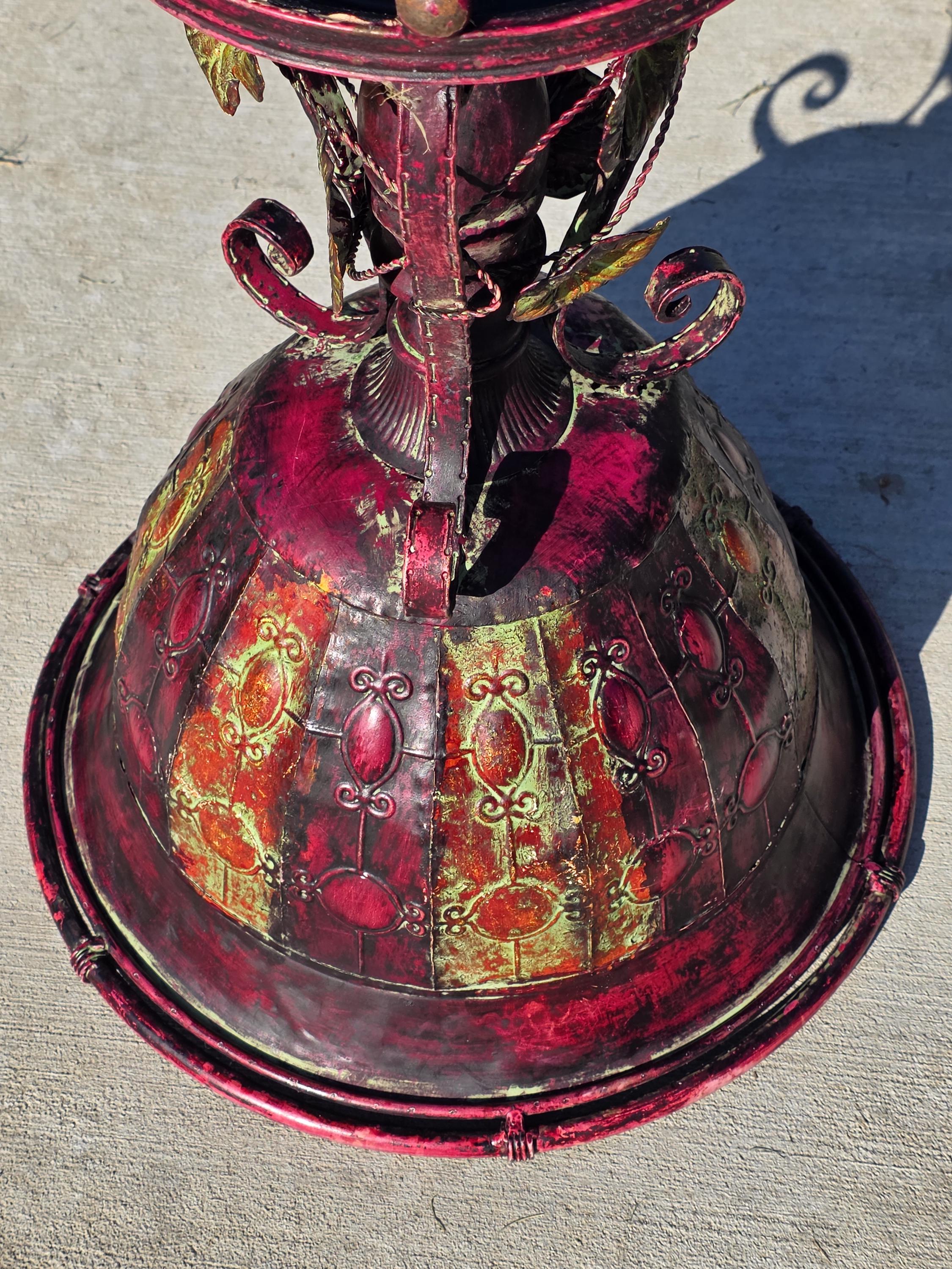 Ornate Metal Pedestal Planter Large 17.5"Dia Urn Stand w/ Red & Gold Patina