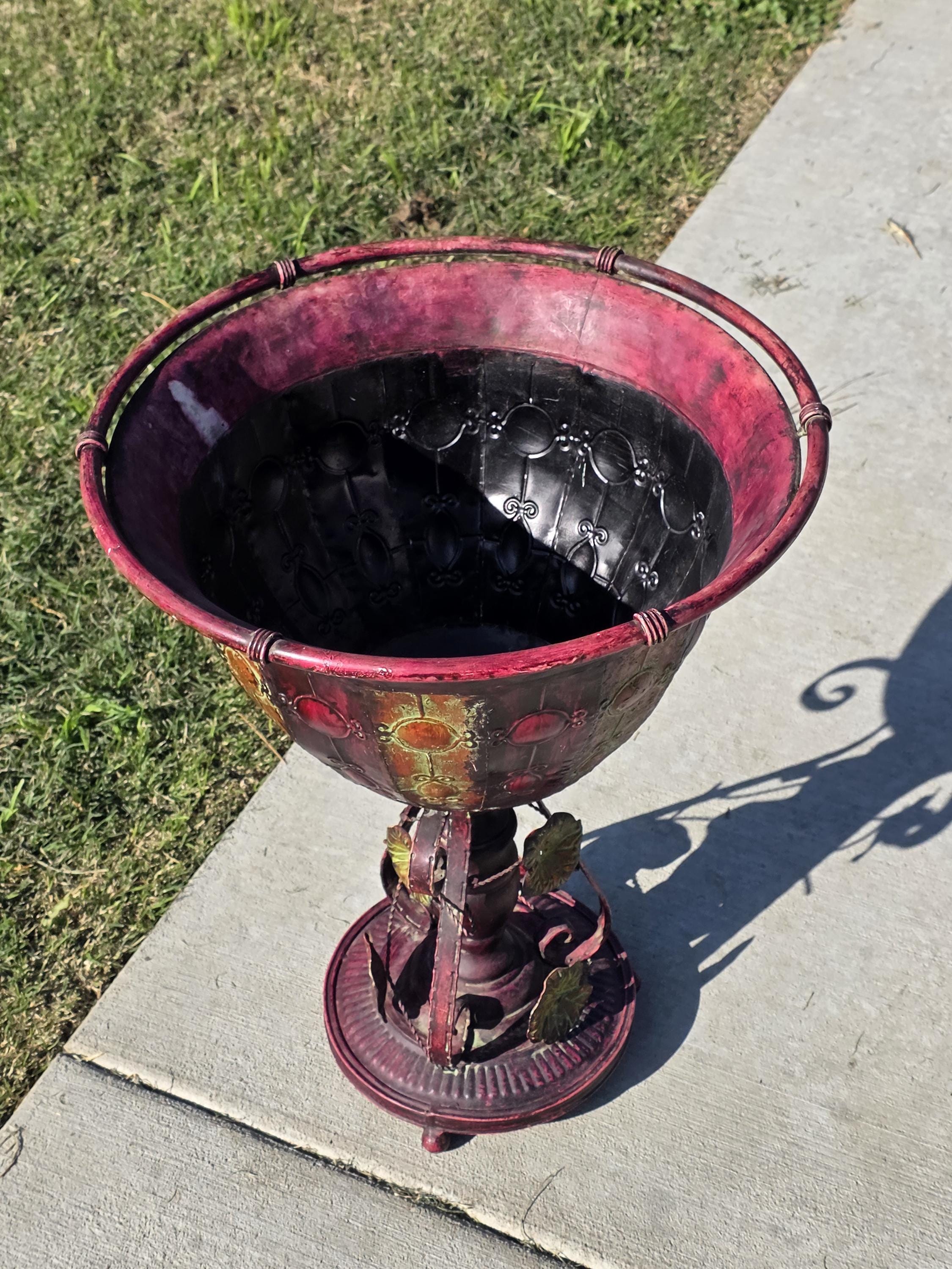 Ornate Metal Pedestal Planter Large 17.5"Dia Urn Stand w/ Red & Gold Patina