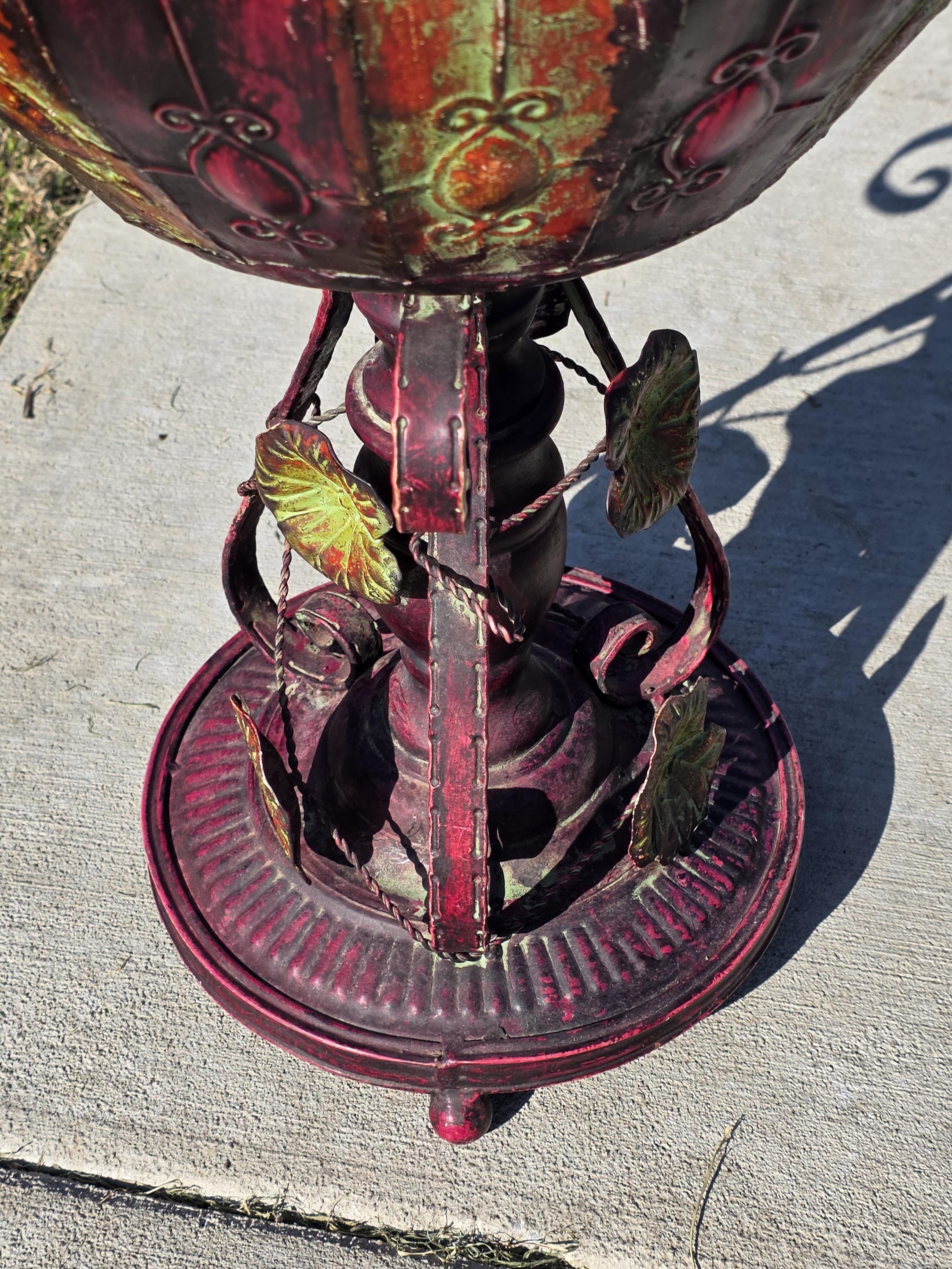 Ornate Metal Pedestal Planter Large 17.5"Dia Urn Stand w/ Red & Gold Patina
