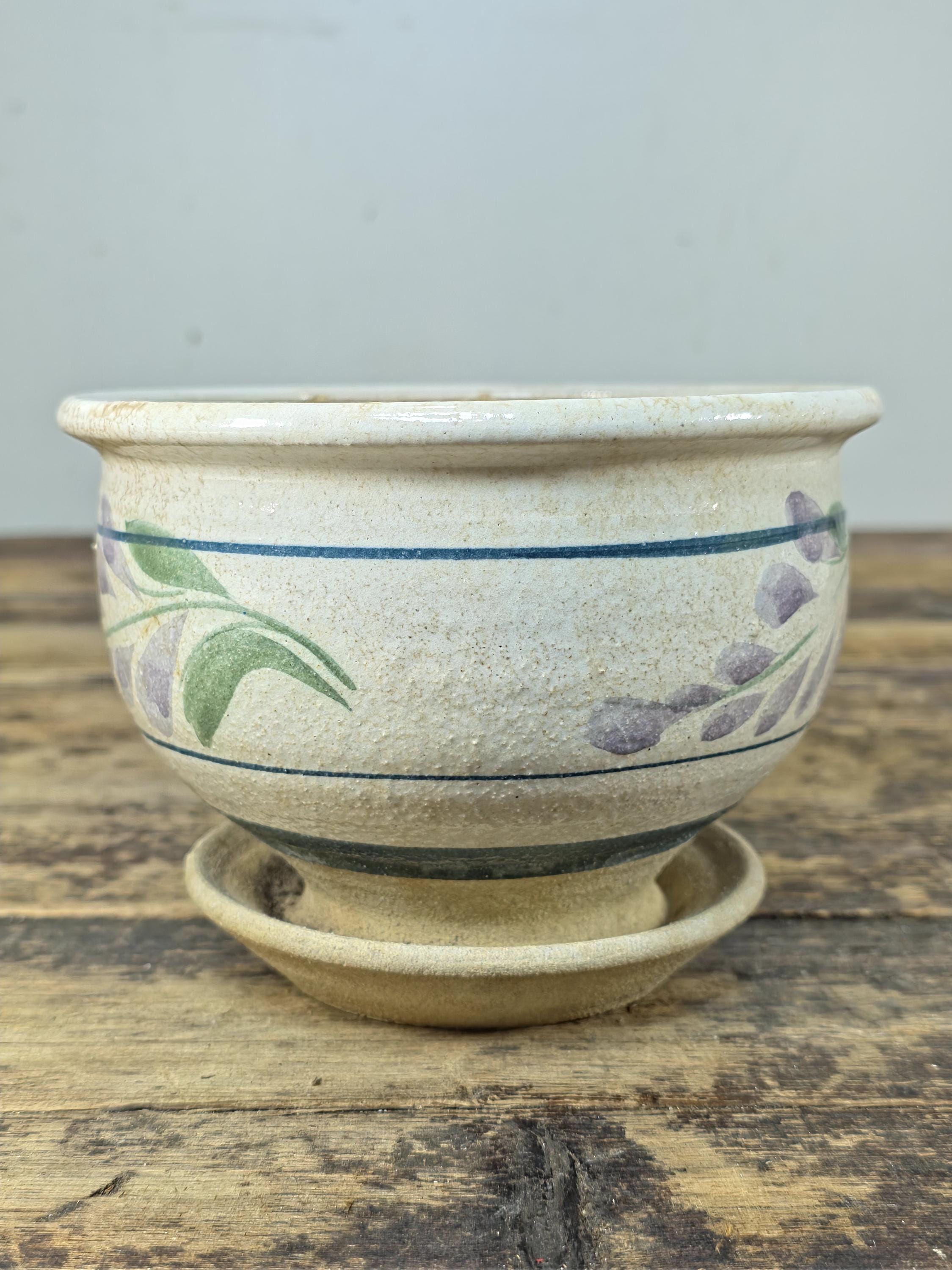 Vintage Hand-Painted Ceramic Planter with Saucer – Floral Design, 1990s