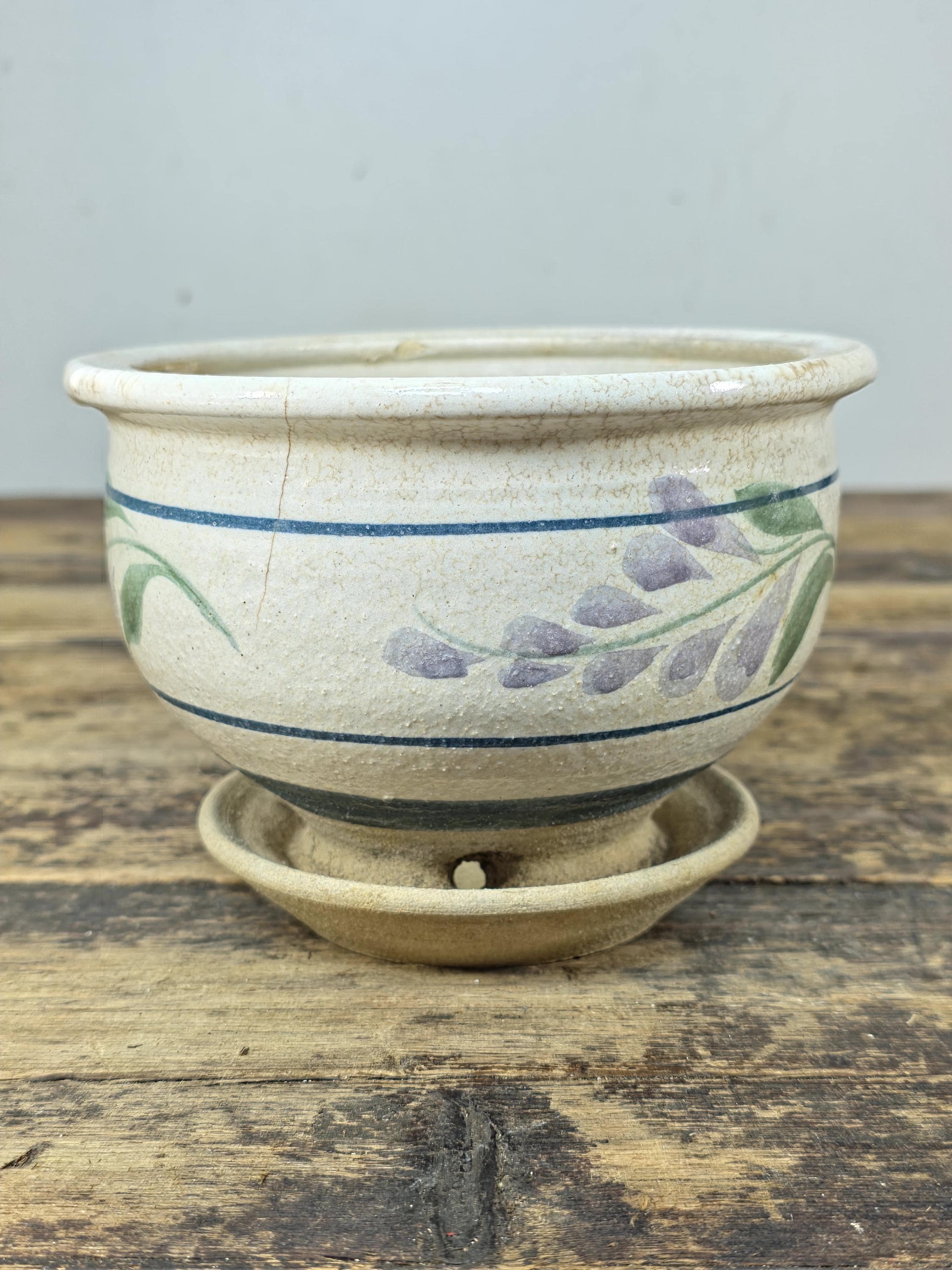 Vintage Hand-Painted Ceramic Planter with Saucer – Floral Design, 1990s