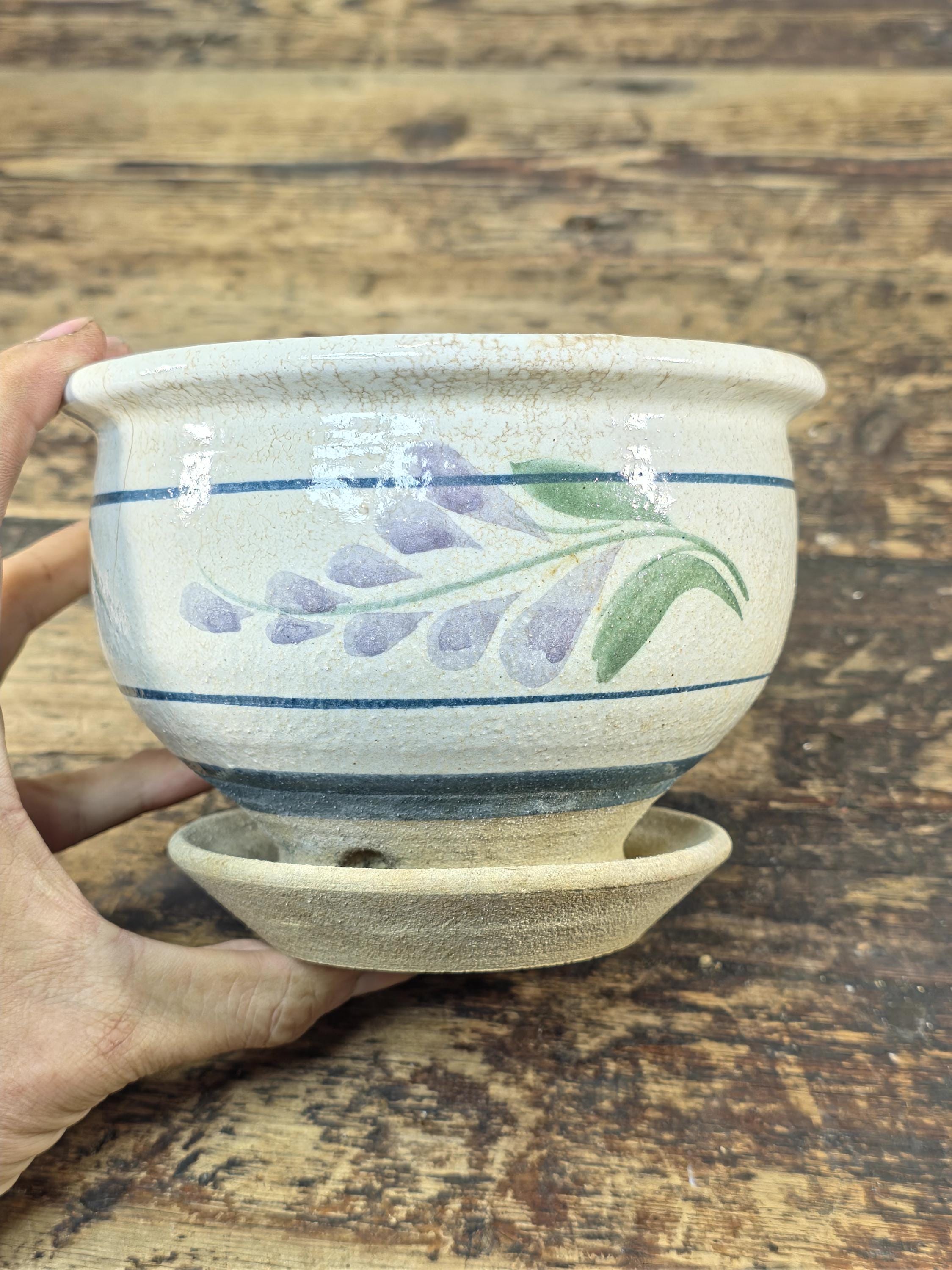 Vintage Hand-Painted Ceramic Planter with Saucer – Floral Design, 1990s