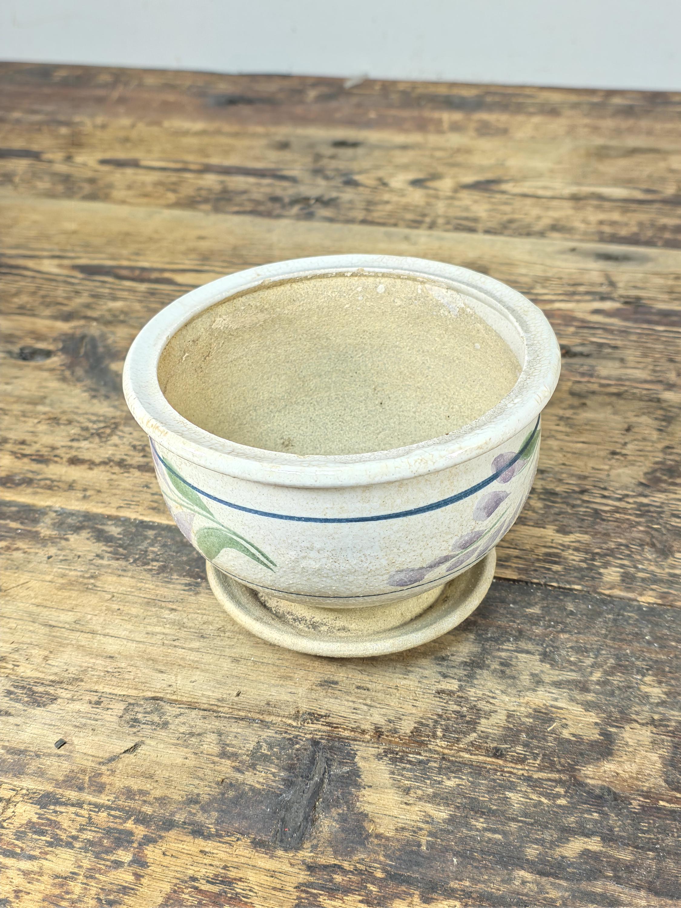 Vintage Hand-Painted Ceramic Planter with Saucer – Floral Design, 1990s