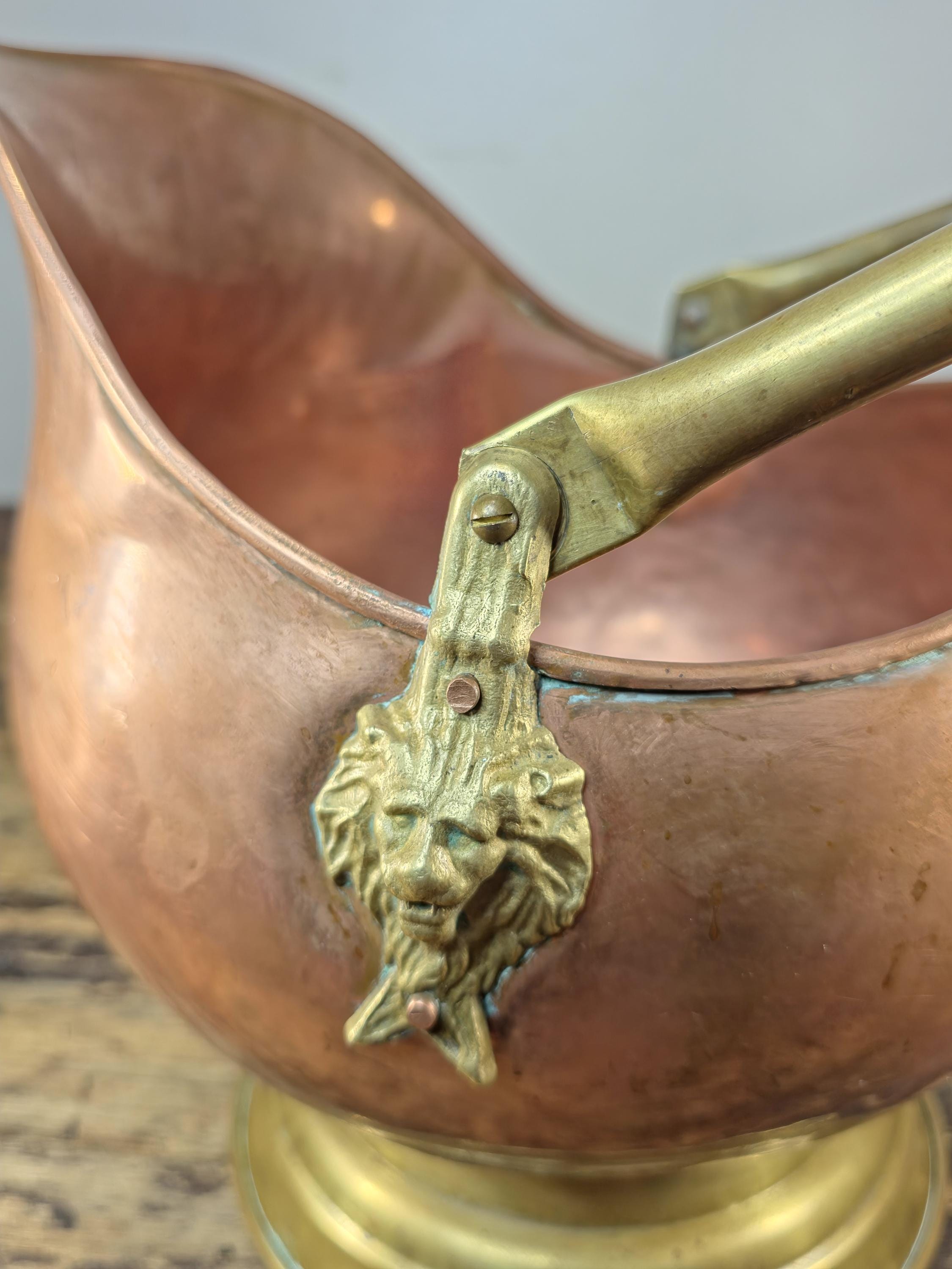 Vintage Copper & Brass Coal Scuttle w/ Delft-Style Ceramic Handles and Lion Heads