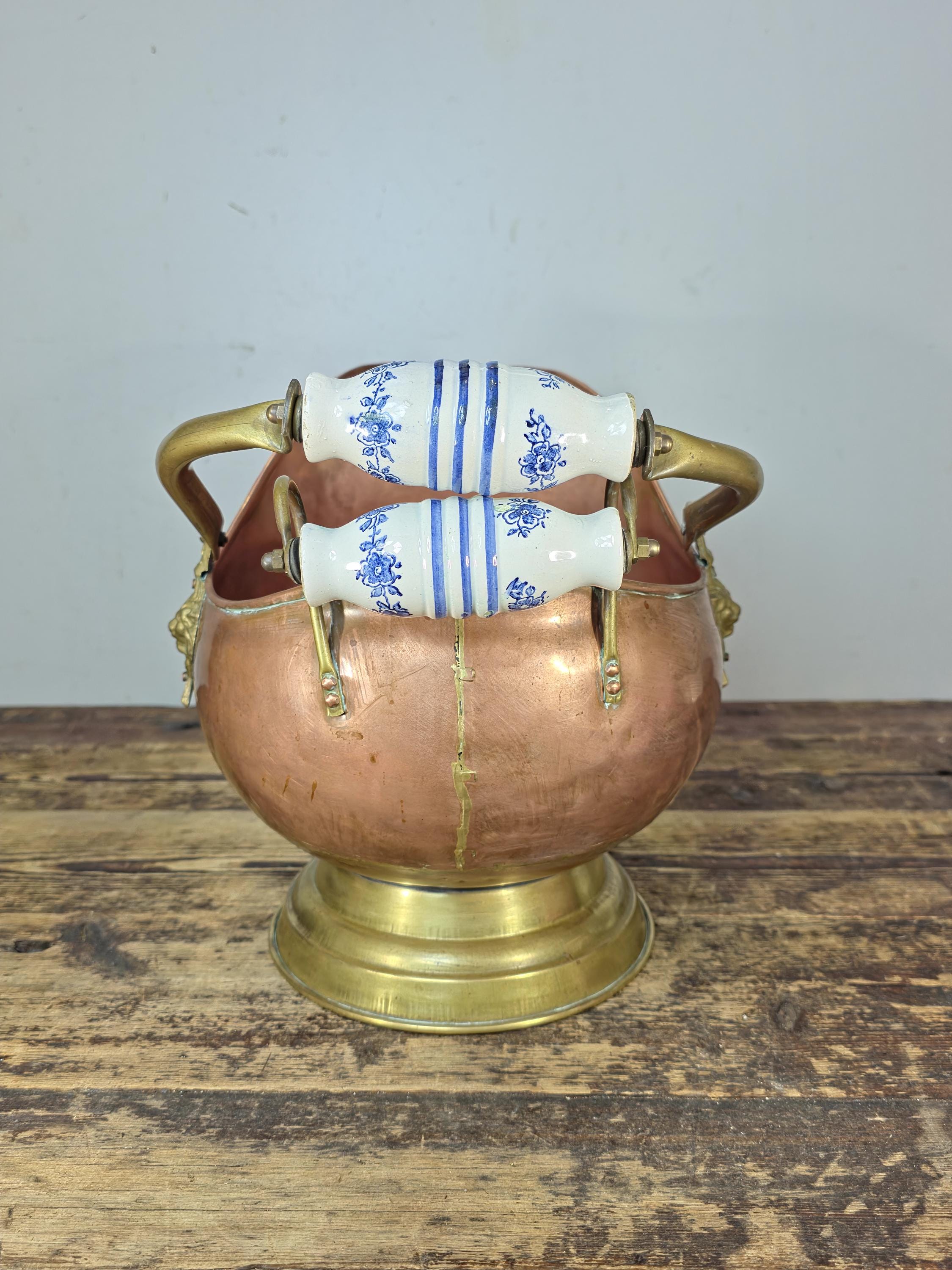 Vintage Copper & Brass Coal Scuttle w/ Delft-Style Ceramic Handles and Lion Heads