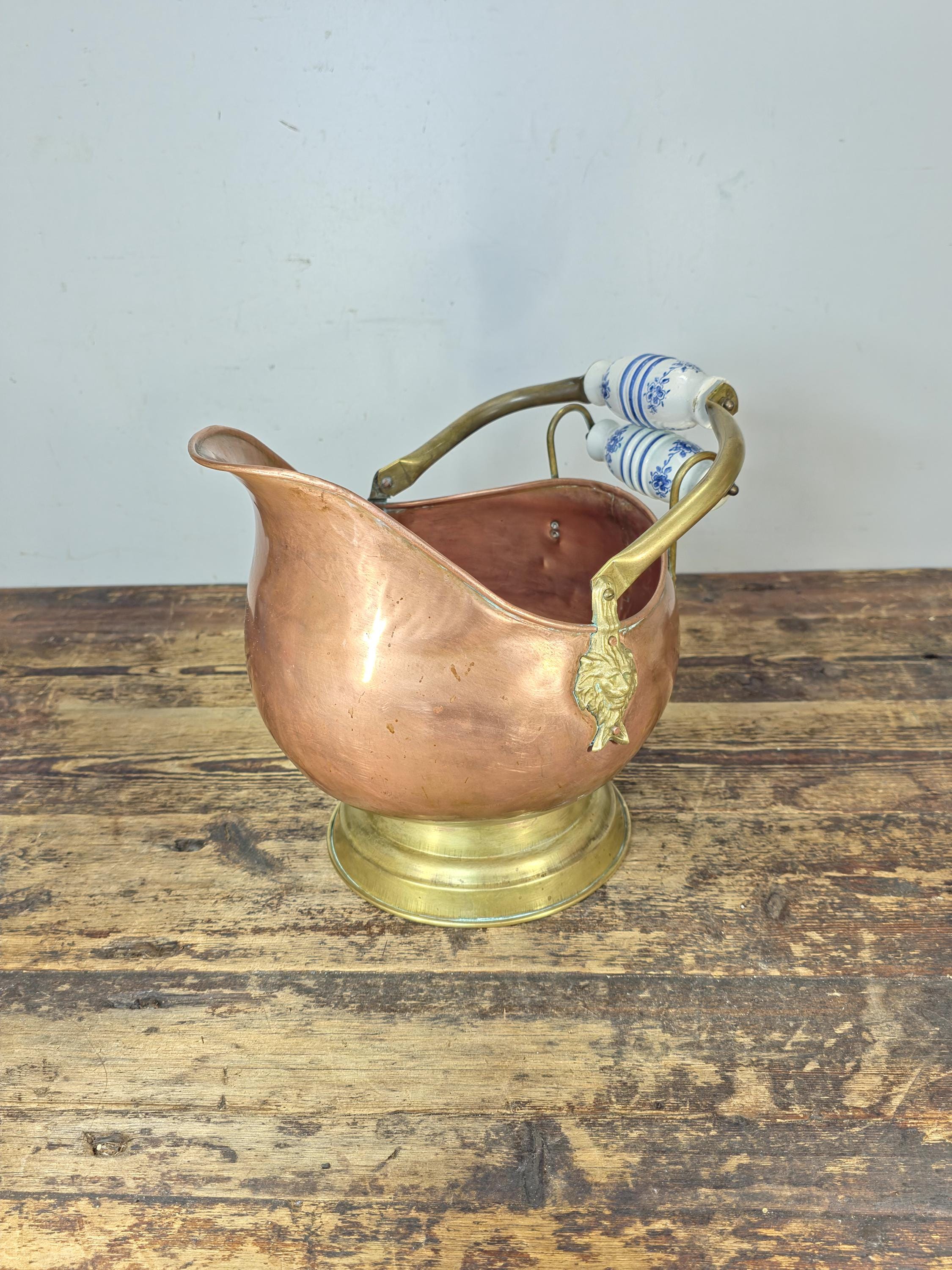 Vintage Copper & Brass Coal Scuttle w/ Delft-Style Ceramic Handles and Lion Heads
