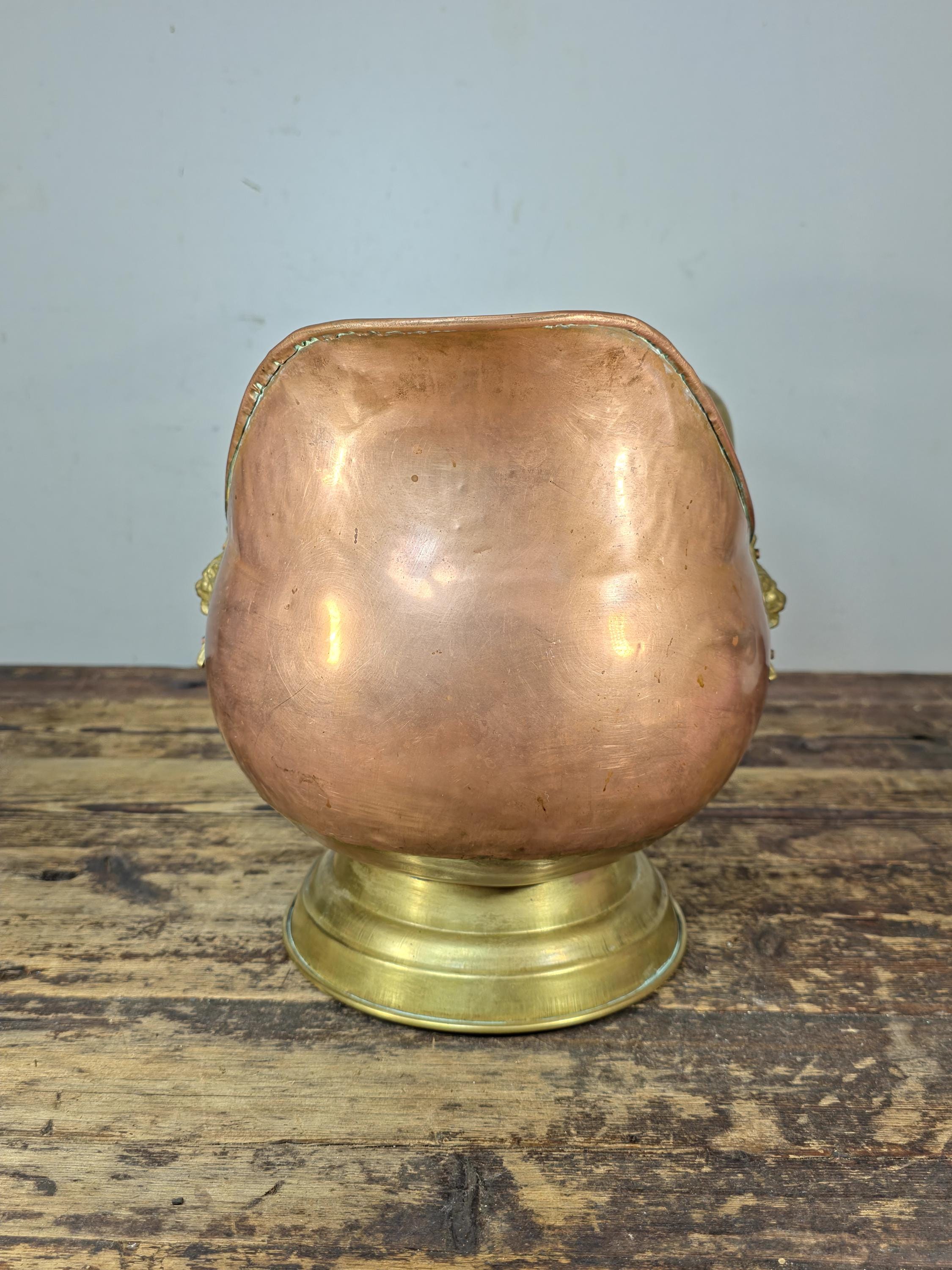 Vintage Copper & Brass Coal Scuttle w/ Delft-Style Ceramic Handles and Lion Heads