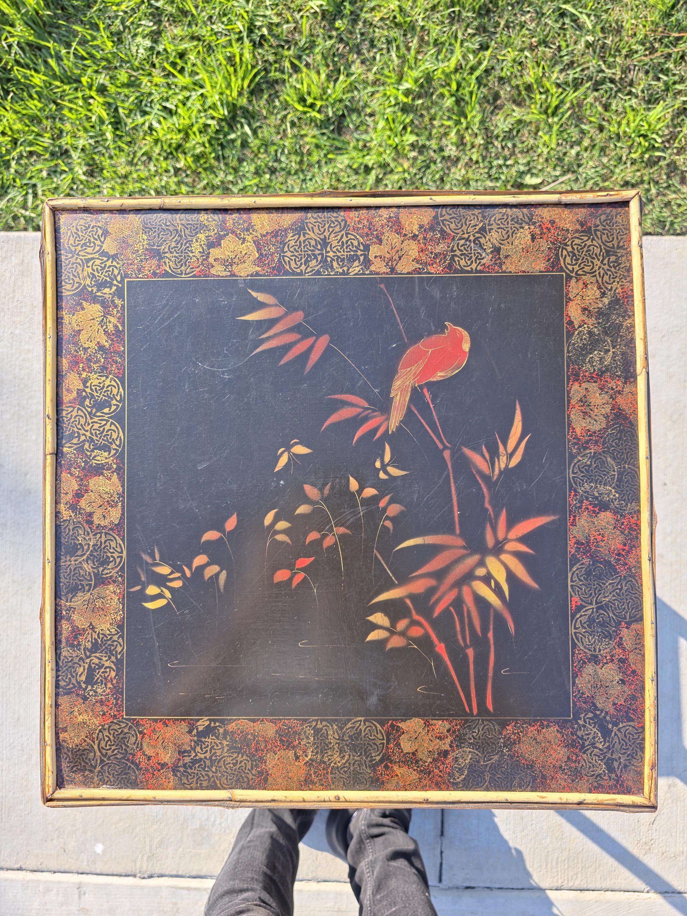 Rare Antique Chinoiserie Bamboo Table | Hand-Painted Lacquer Panels, c.1900