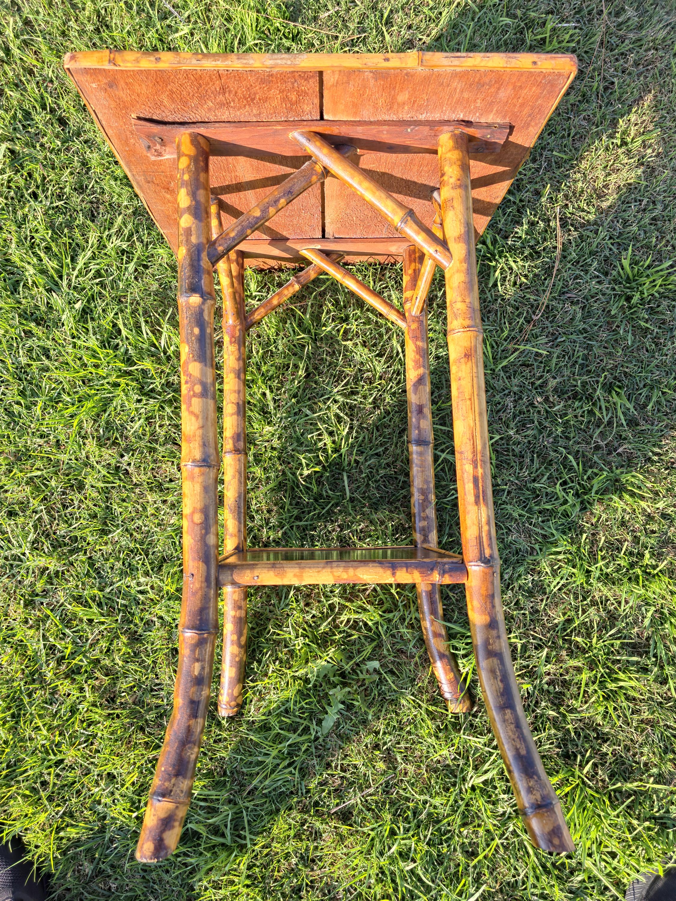 Rare Antique Chinoiserie Bamboo Table | Hand-Painted Lacquer Panels, c.1900