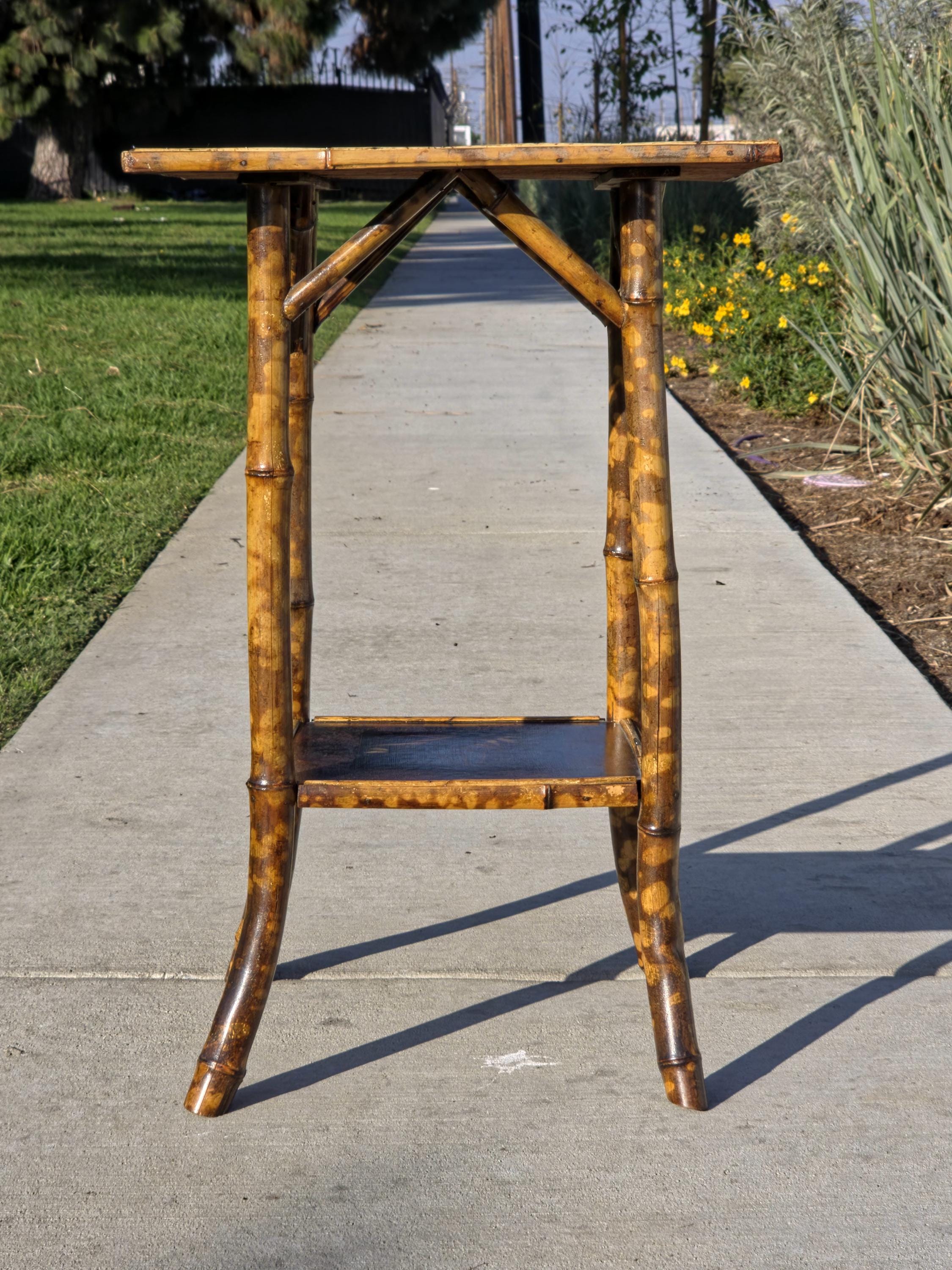 Rare Antique Chinoiserie Bamboo Table | Hand-Painted Lacquer Panels, c.1900