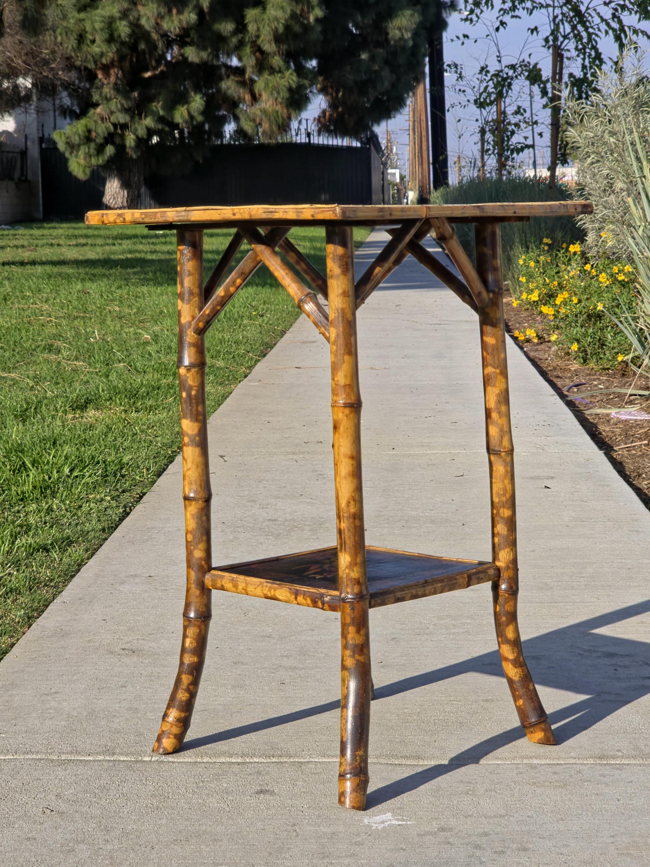 Rare Antique Chinoiserie Bamboo Table | Hand-Painted Lacquer Panels, c.1900