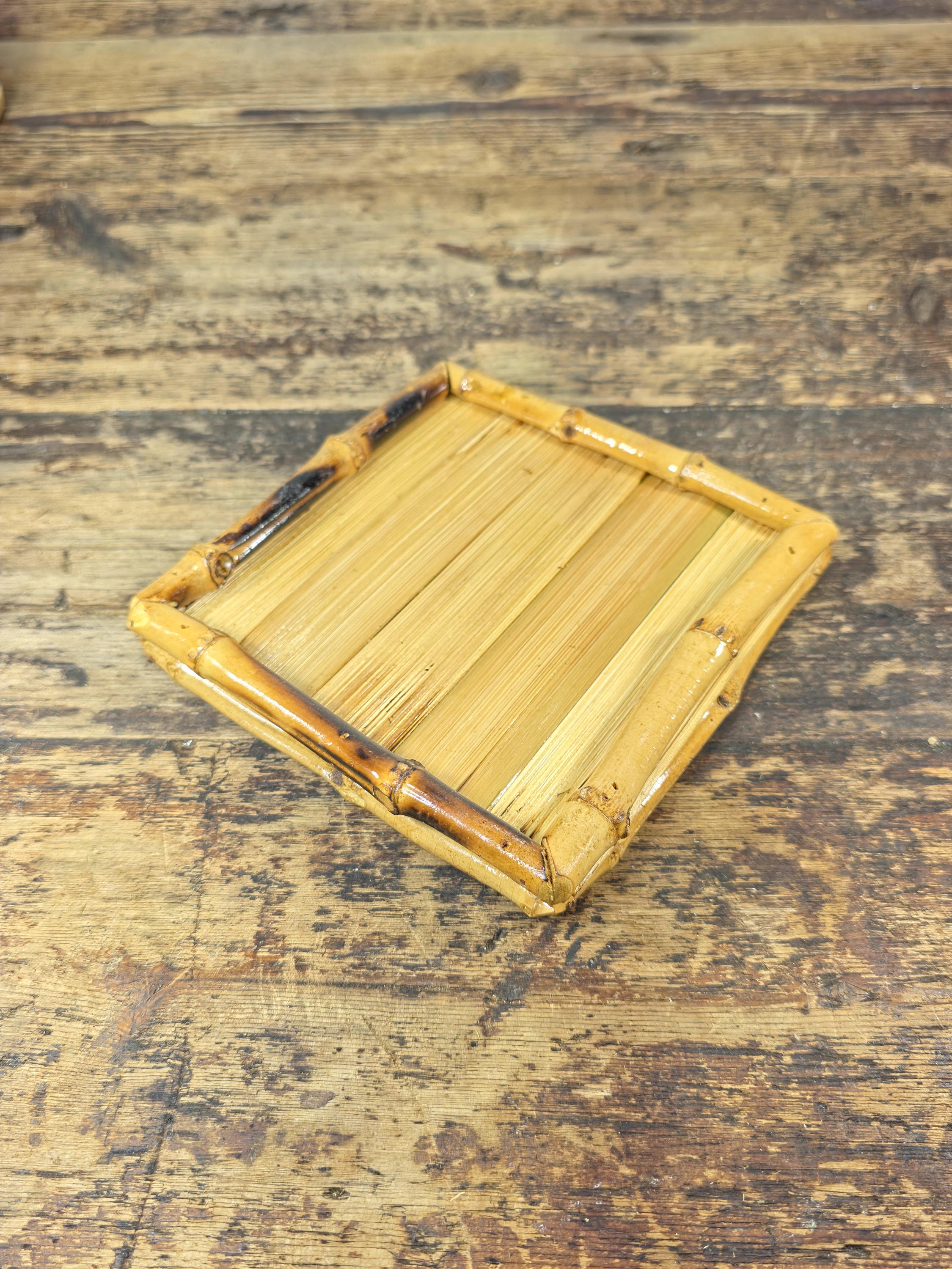 Vintage Handmade Bamboo Square Tray – 5.5" Natural Display Stand / Coaster