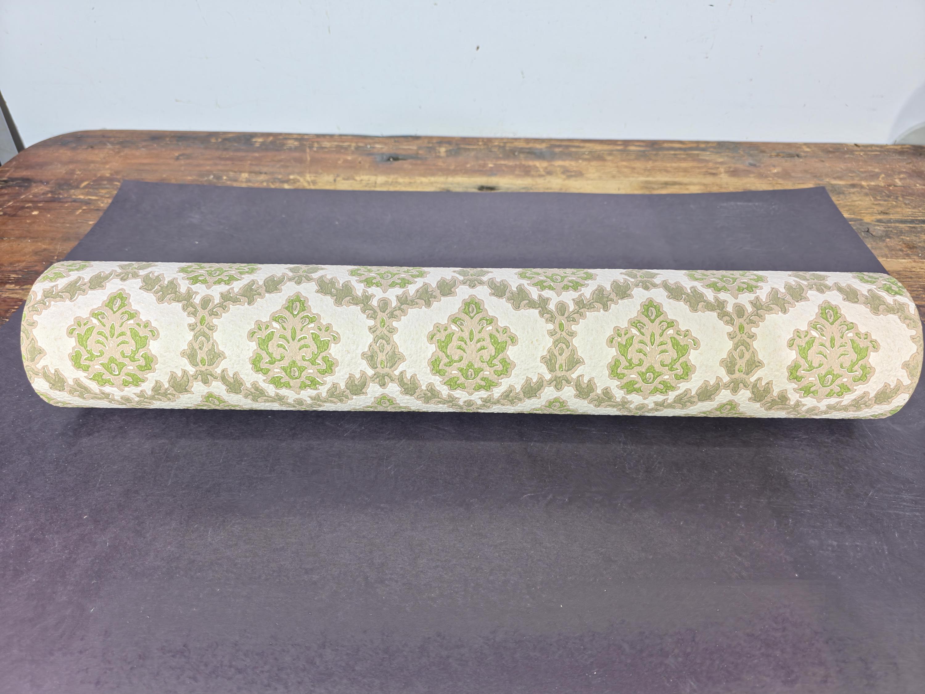 Authentic 1970s Vintage Wallpaper | Green & Gray Floral Geometric