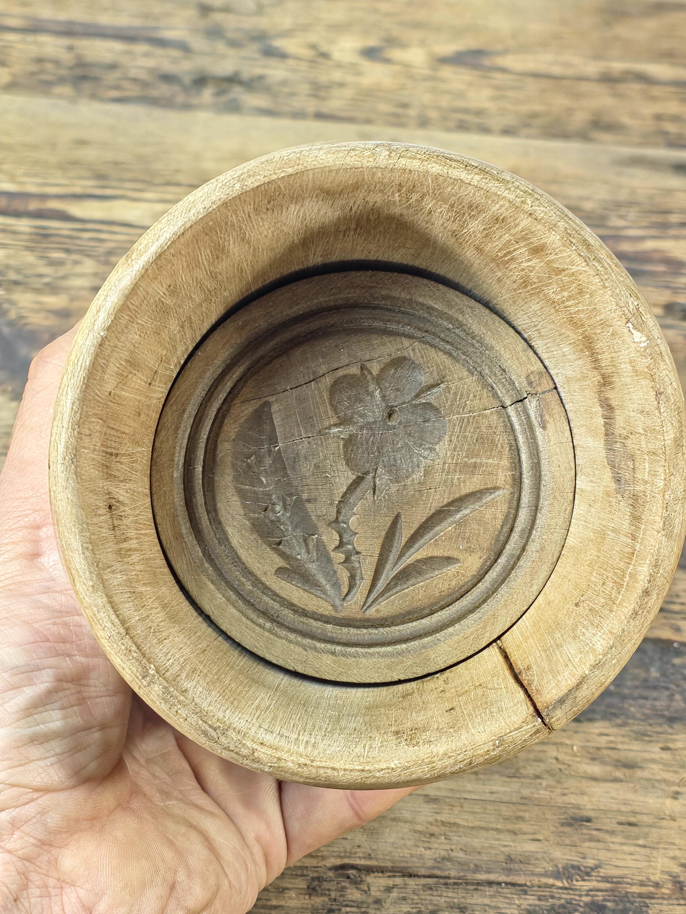 Antique Primitive Wooden Butter Mold | Hand-Carved Floral Design