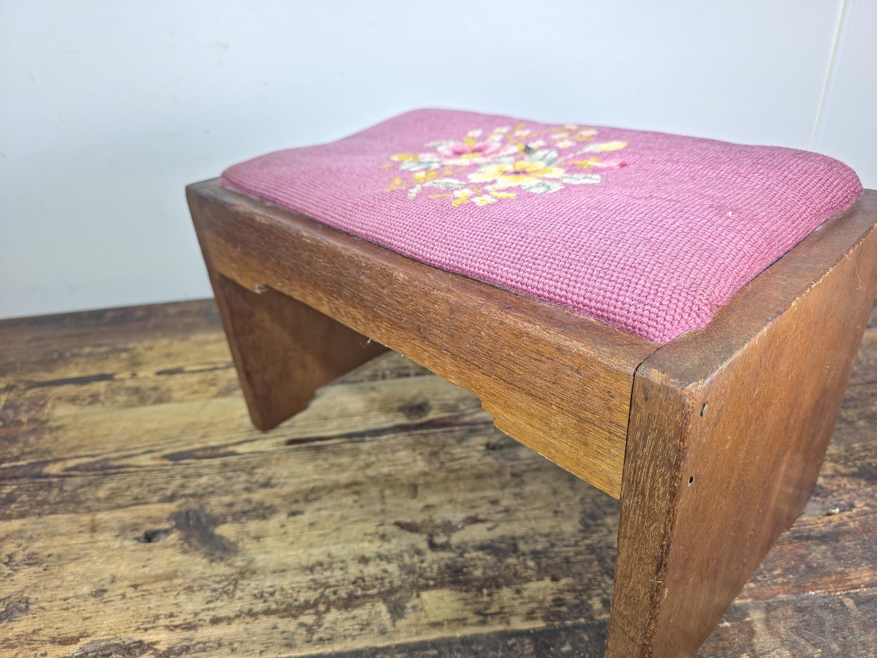 Vintage Mid-Century Wooden Stool / Footstool with Needlepoint Cushion
