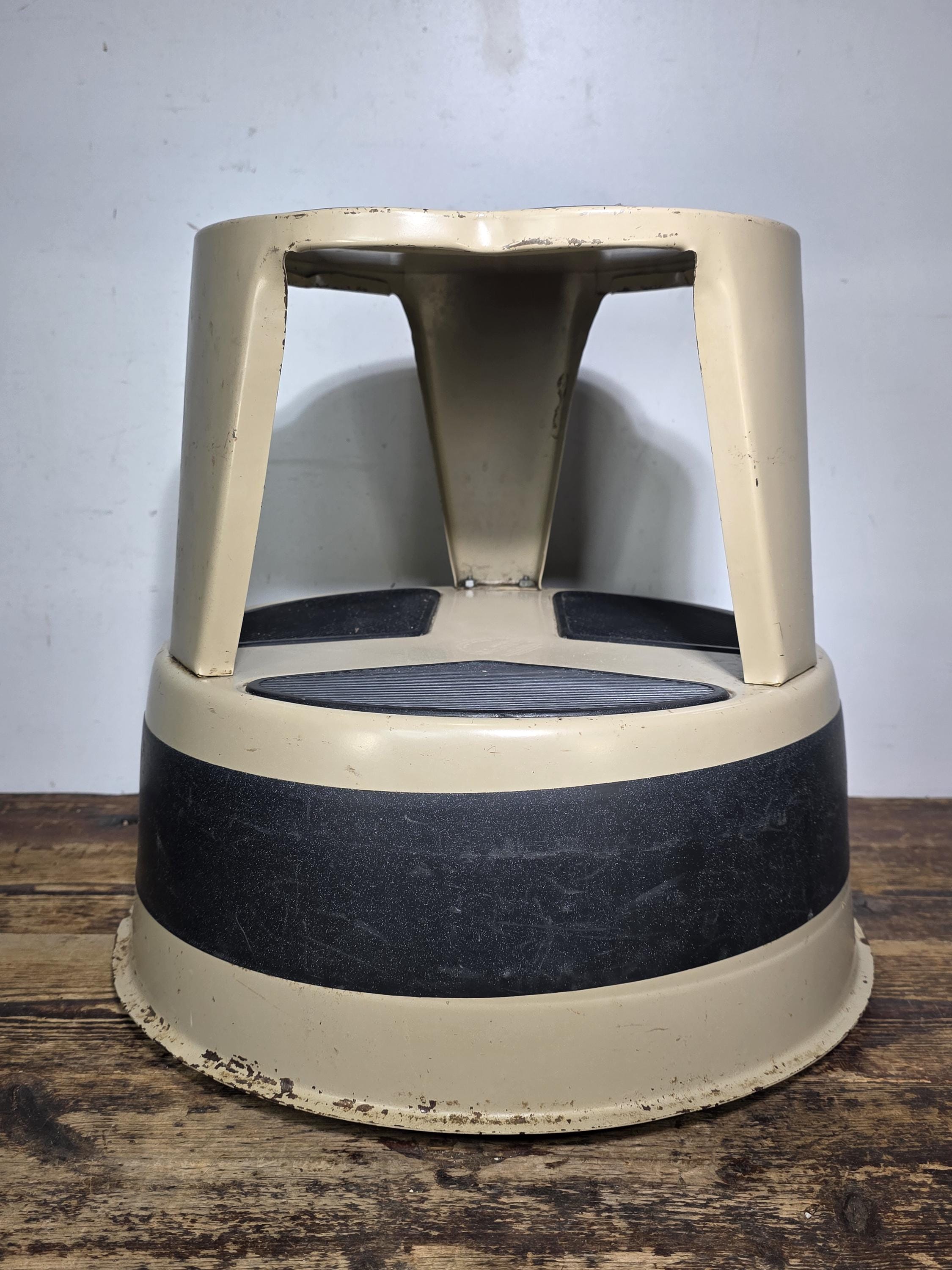 Vintage KIK-STEP Rolling Step Stool Beige Black Industrial 1980s USA