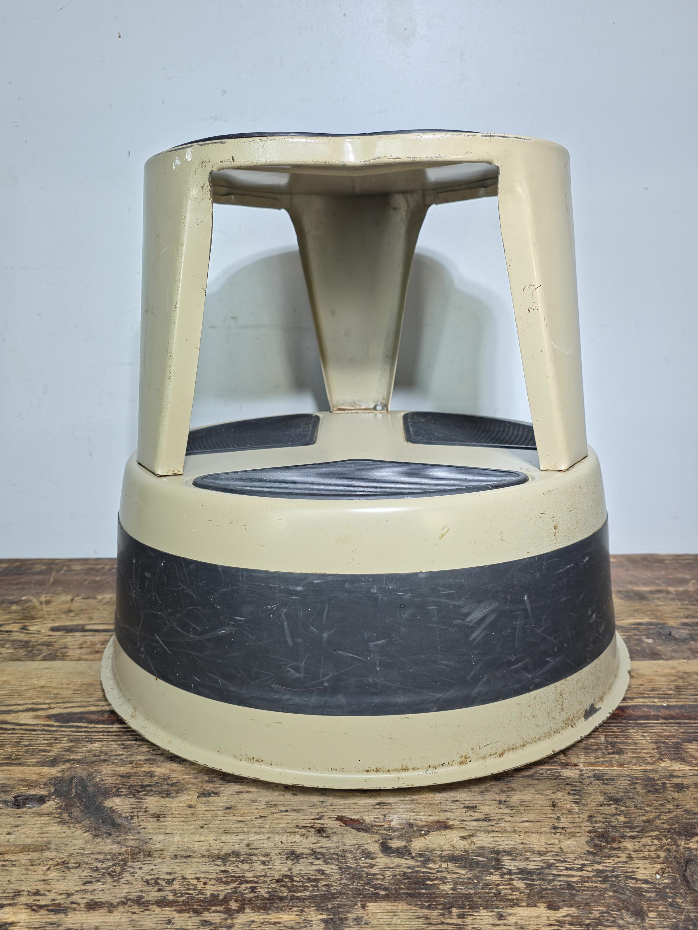 Vintage KIK-STEP Rolling Step Stool Beige Black Industrial 1980s USA