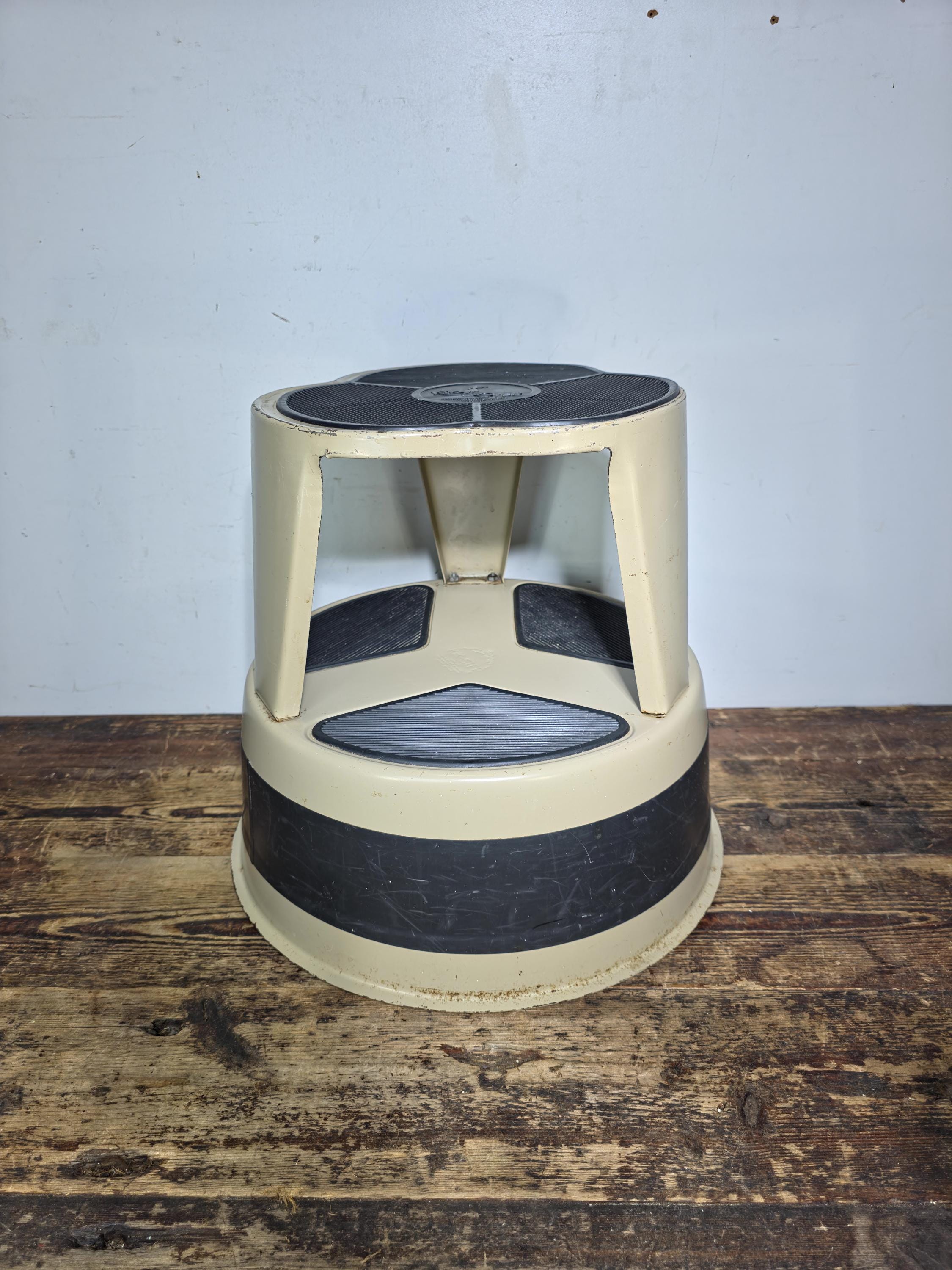 Vintage KIK-STEP Rolling Step Stool Beige Black Industrial 1980s USA