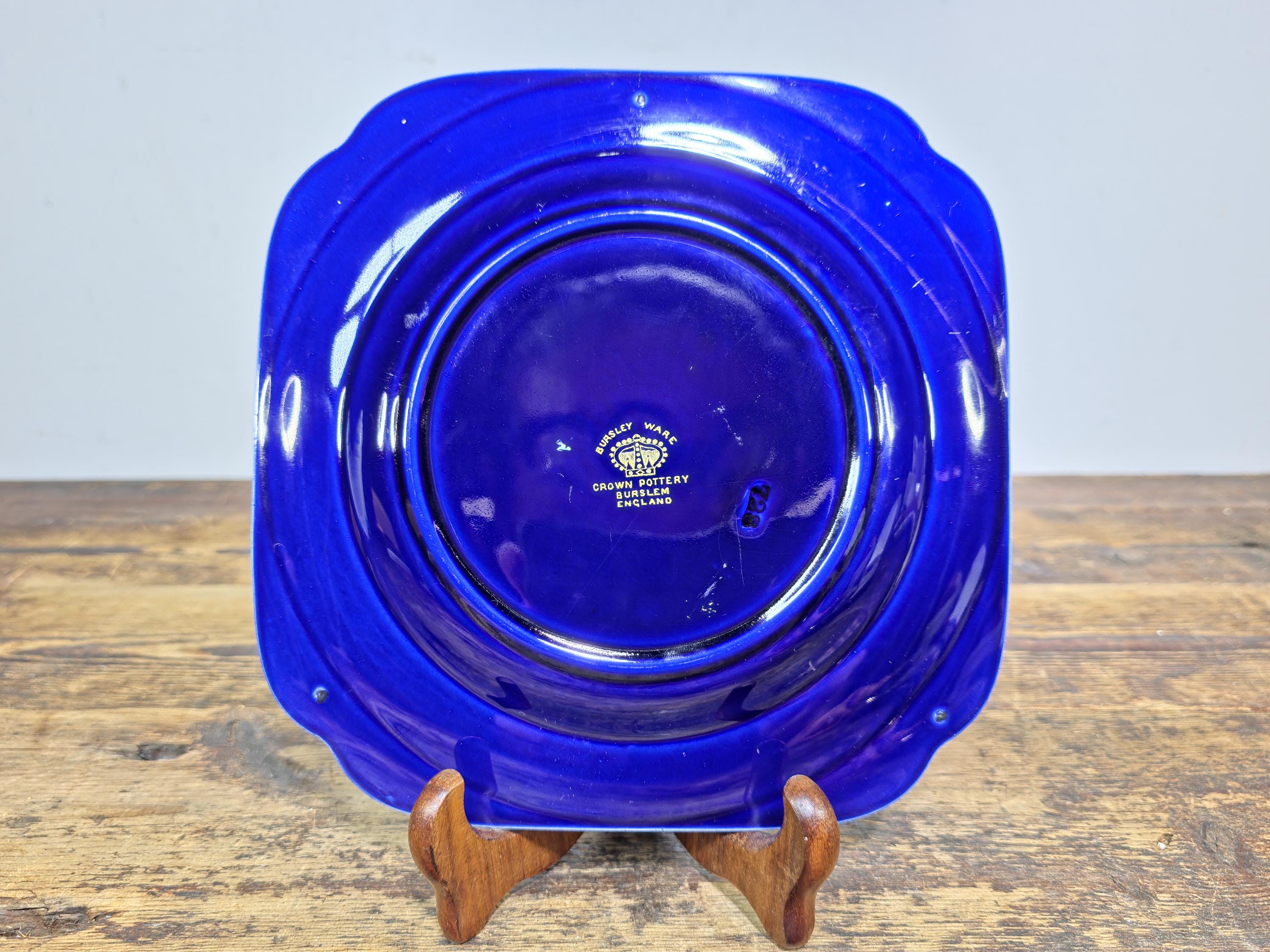 Burleigh Ware Cobalt Blue Gilt Cabinet Plates Set of 3 Crown Pottery England