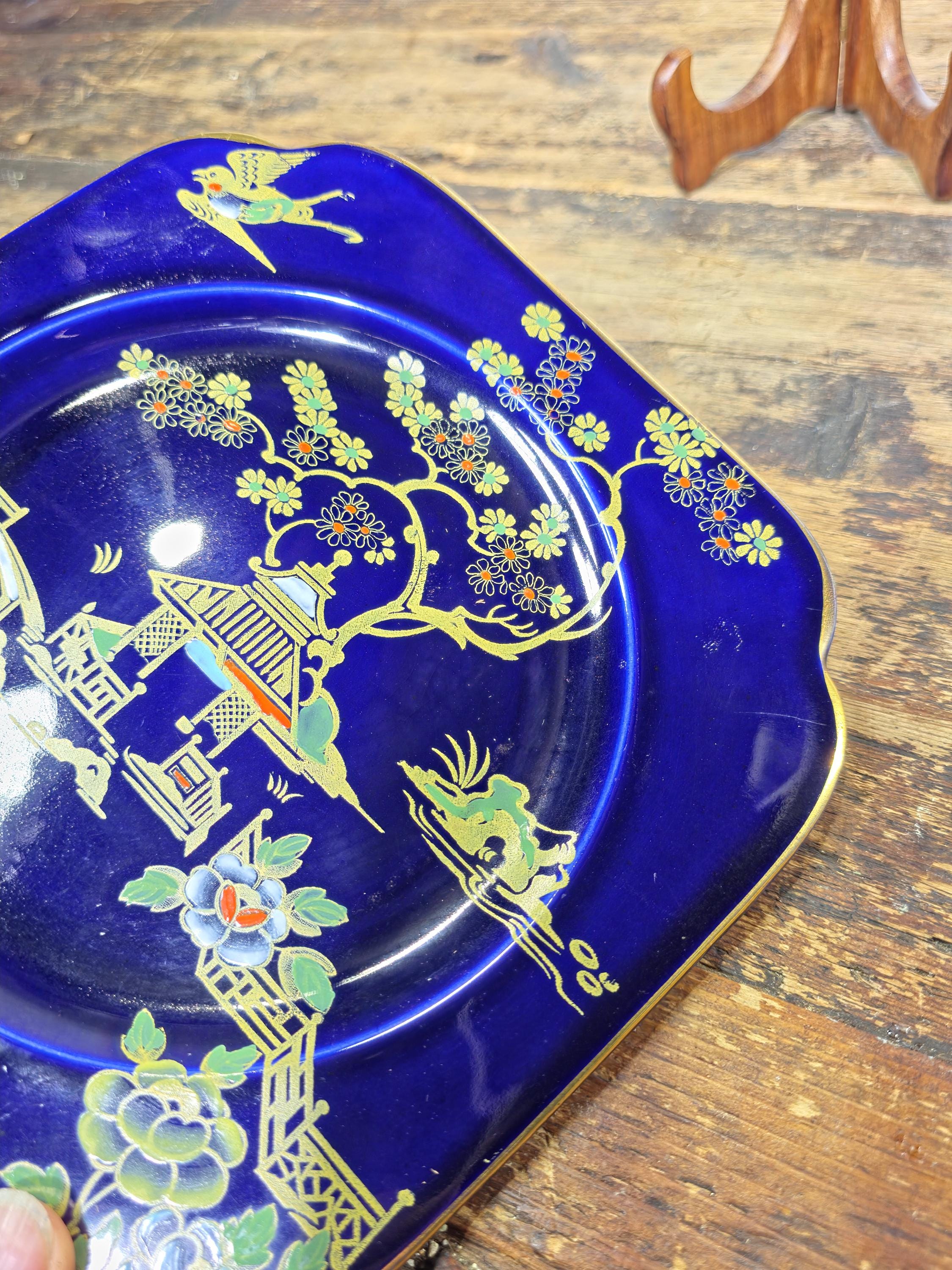 Burleigh Ware Cobalt Blue Gilt Cabinet Plates Set of 3 Crown Pottery England