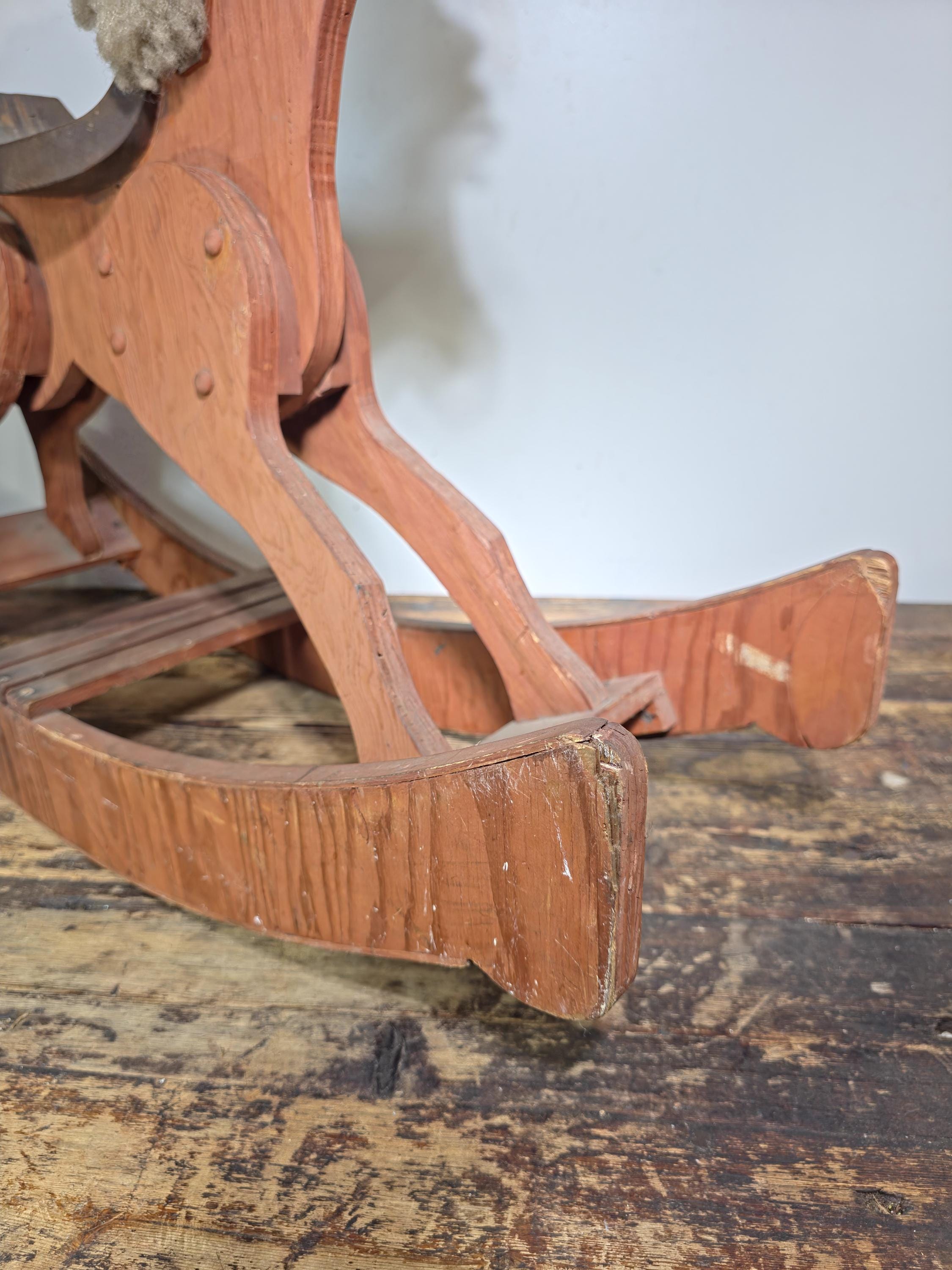 Large Wooden Rocking Horse with Wool Mane – Rustic Farmhouse Decor