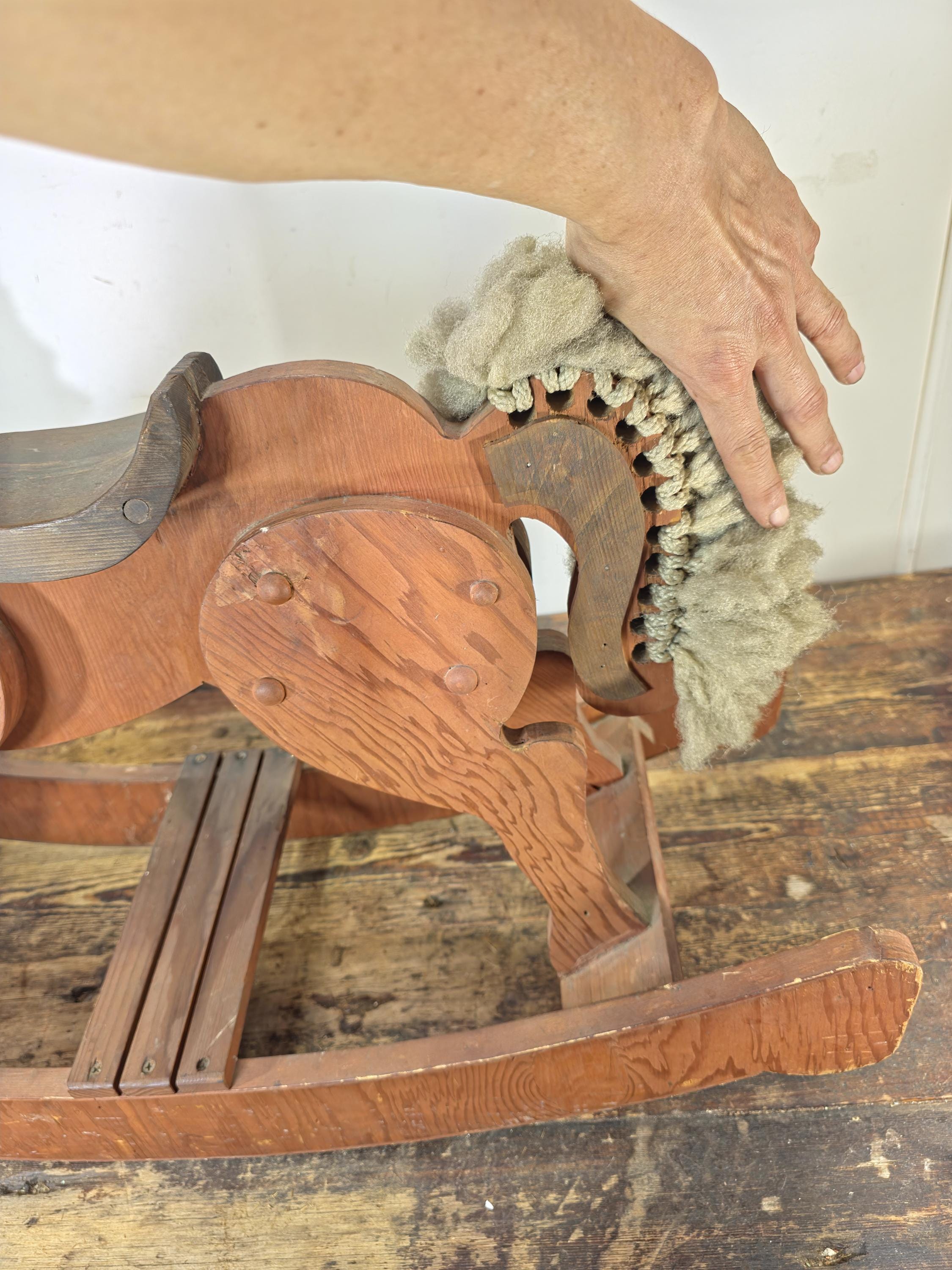 Large Wooden Rocking Horse with Wool Mane – Rustic Farmhouse Decor