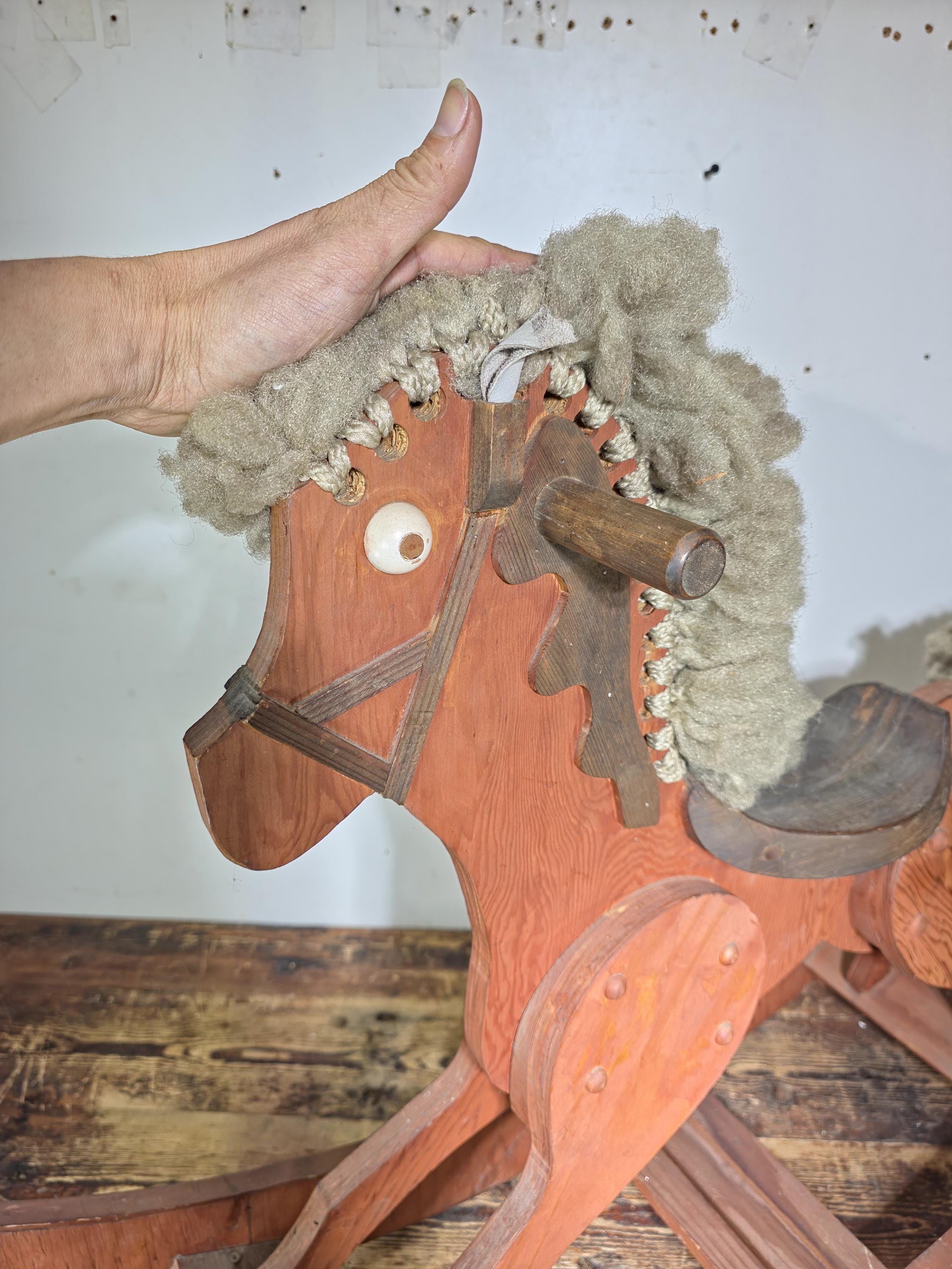 Large Wooden Rocking Horse with Wool Mane – Rustic Farmhouse Decor