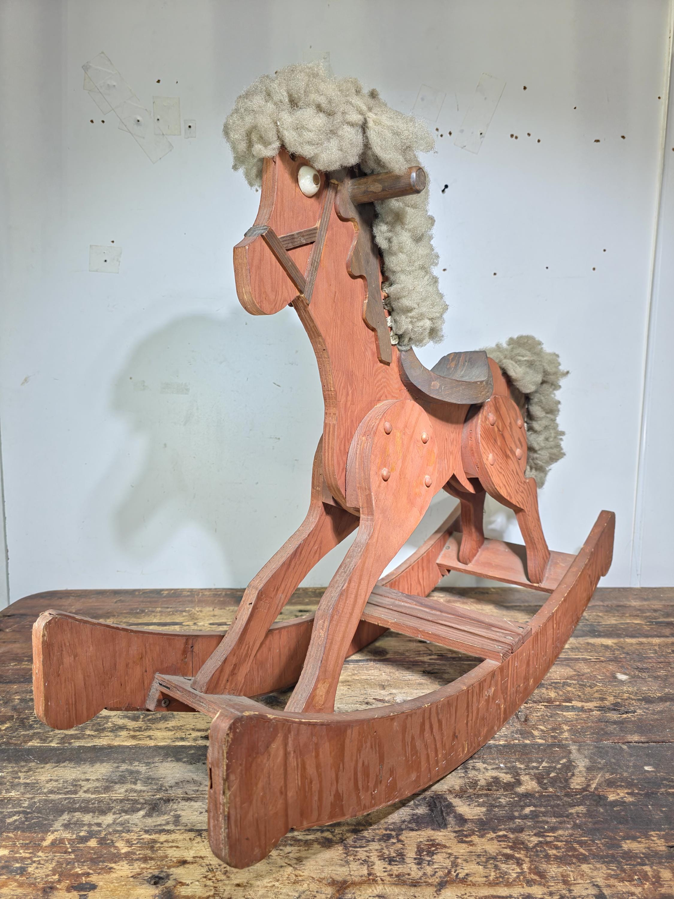 Large Wooden Rocking Horse with Wool Mane – Rustic Farmhouse Decor